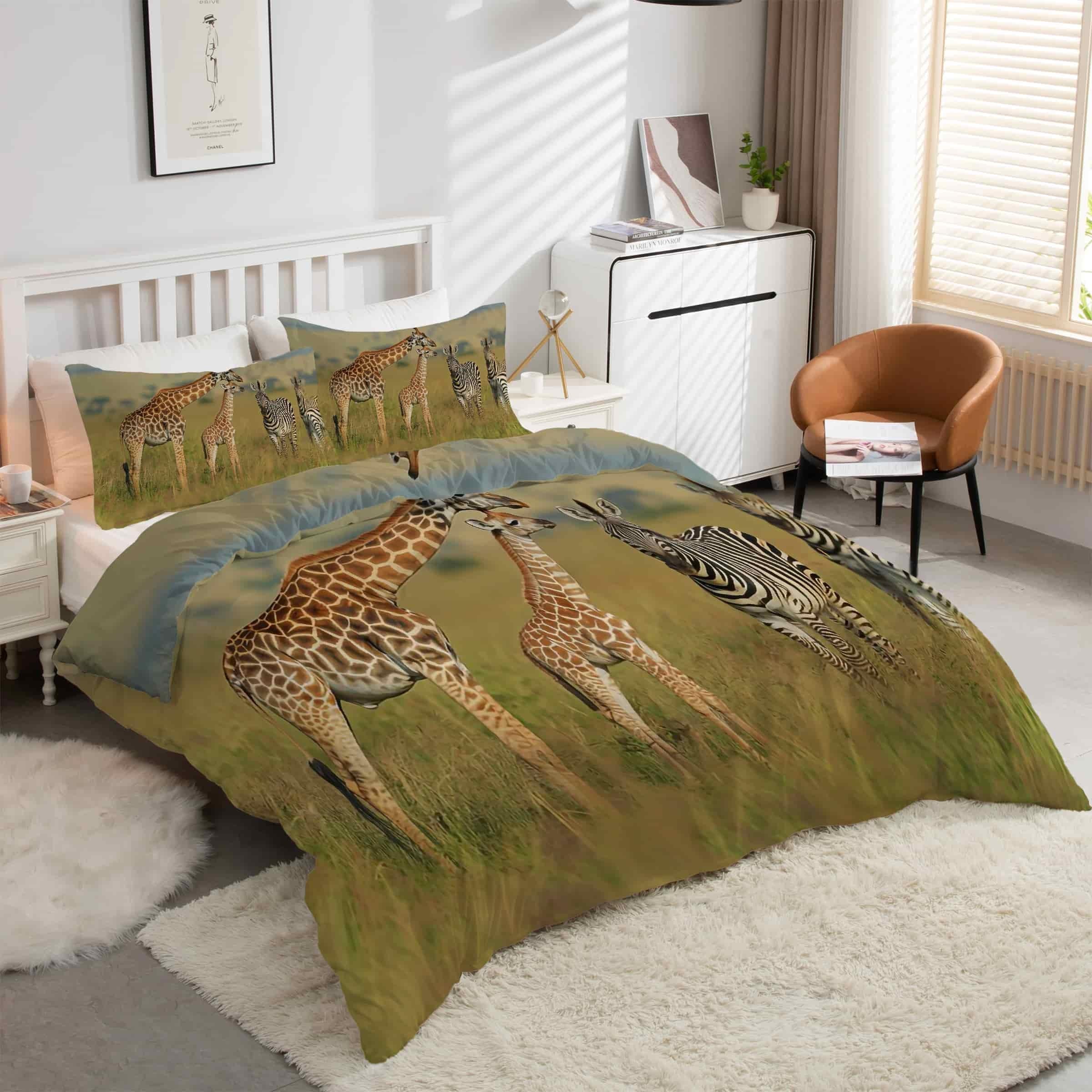 Housse de couette girafe 240x260 microfibre parure de lit 3 pièces zippée