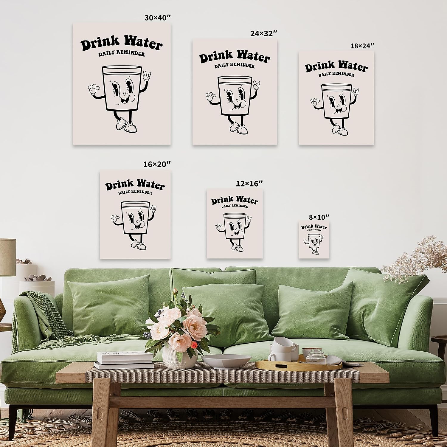 Poster Master Drink Water Canvas - Retro Daily Reminder Print - Health Art - Funky Glass Art - Black Preppy wall Art - Great Kitchen or Dining Room Decor - 8x10 STRETCHED Canvas