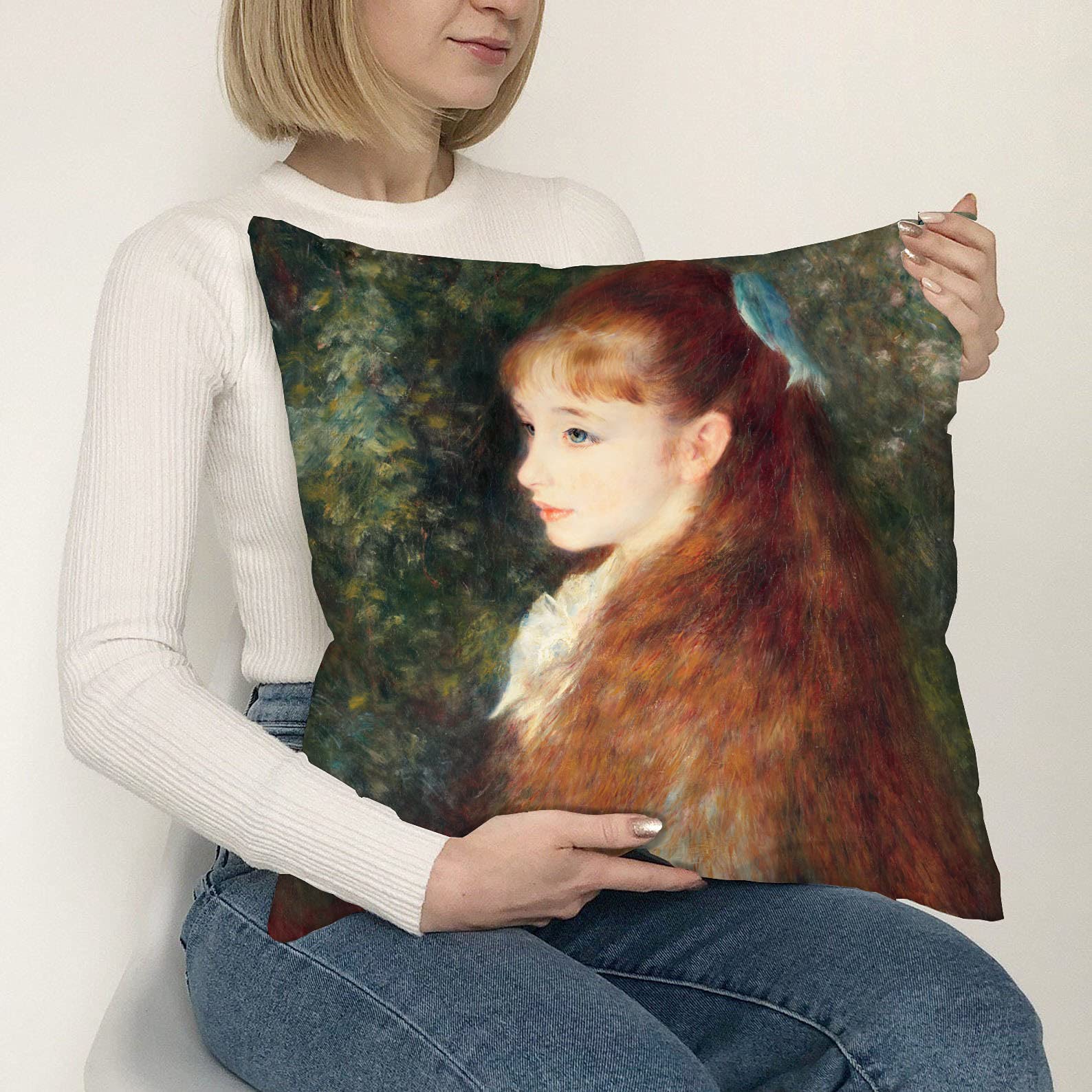 BONNIU Federa Copricuscino con Cerniera 50X50 cm Protezione Cuscino Velluto Decorativo Ritratto Donna Barocca Rinascimentale Art Deco - Da Vinci - La Belle Ferronnière DV079