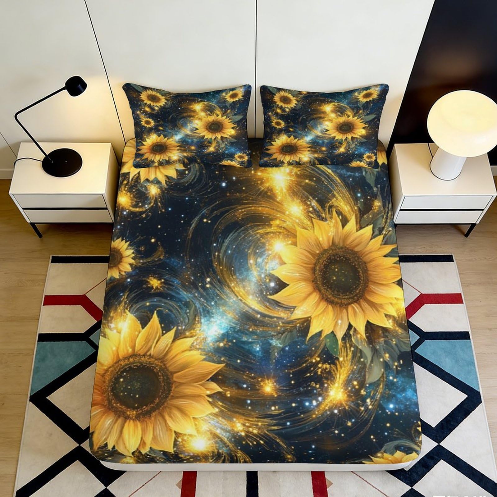 3D Printed Sunflower Galaxy Fitted Sheet Microfiber Soft Breathable Cosmic Swirl Bed Cover for Bedroom Dormitory Guest Room Mattress Protection 120x200x25cm