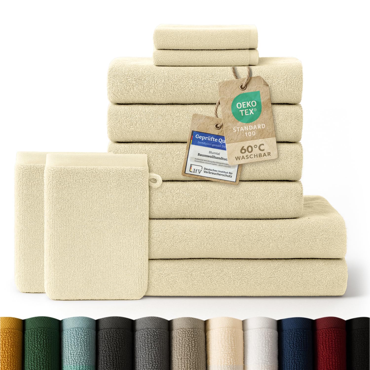 Blumtal Premium Frottier Handtücher Set 10 teilig 100% Baumwolle - Oeko-TEX zert. Badetuch 2X (70x140 cm) + Handtuch 4X (50x100 cm) + Gästehandtuch 2X (30x30 cm) + Waschlappen 2X (15x20 cm) - Beige