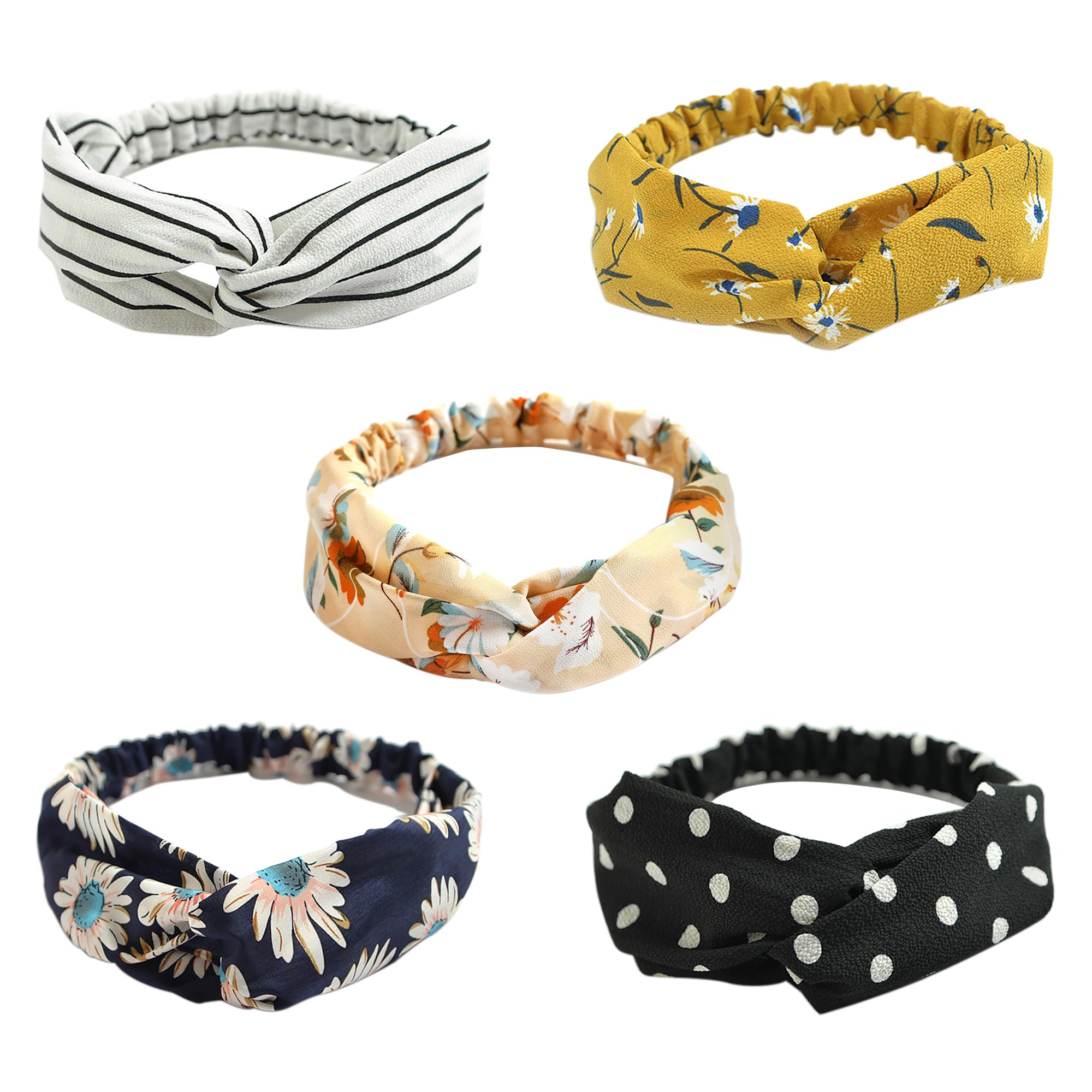 HOOTOSoft Headbands for Women, 5PCS Twist Knot Hair Wraps, Boho Elastic Non-slip Headbands, Yoga Headbands Hair Hoop Hairbands, Cloth Criss Cross Stretchy Headbands for Women Girls Hair Accessories