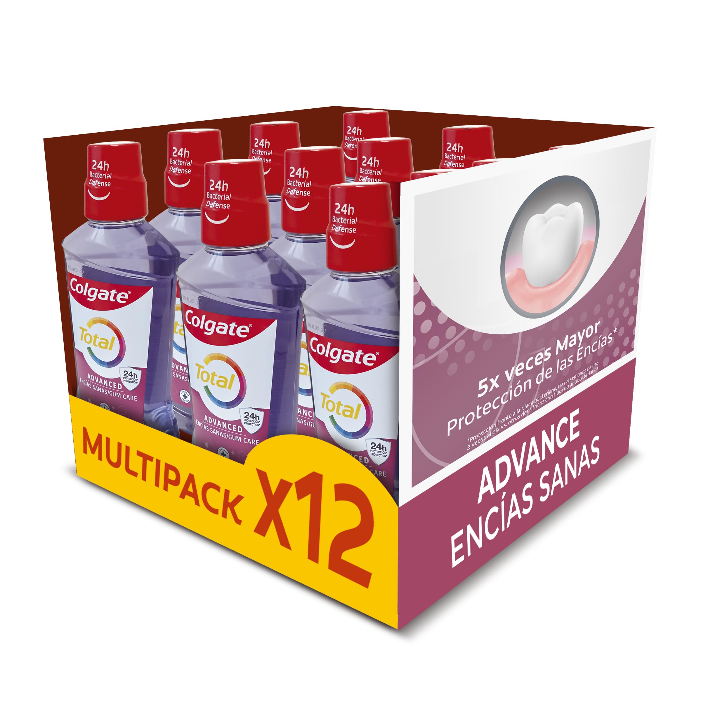 Enjuague Colgate Total Advanced Encías Sanas Menta Suave Pack 12 x 500ml | Protección Antibacteriana Ininterrumpida* | 5 Veces Mayor Protección de las Encías** | 0% alcohol***