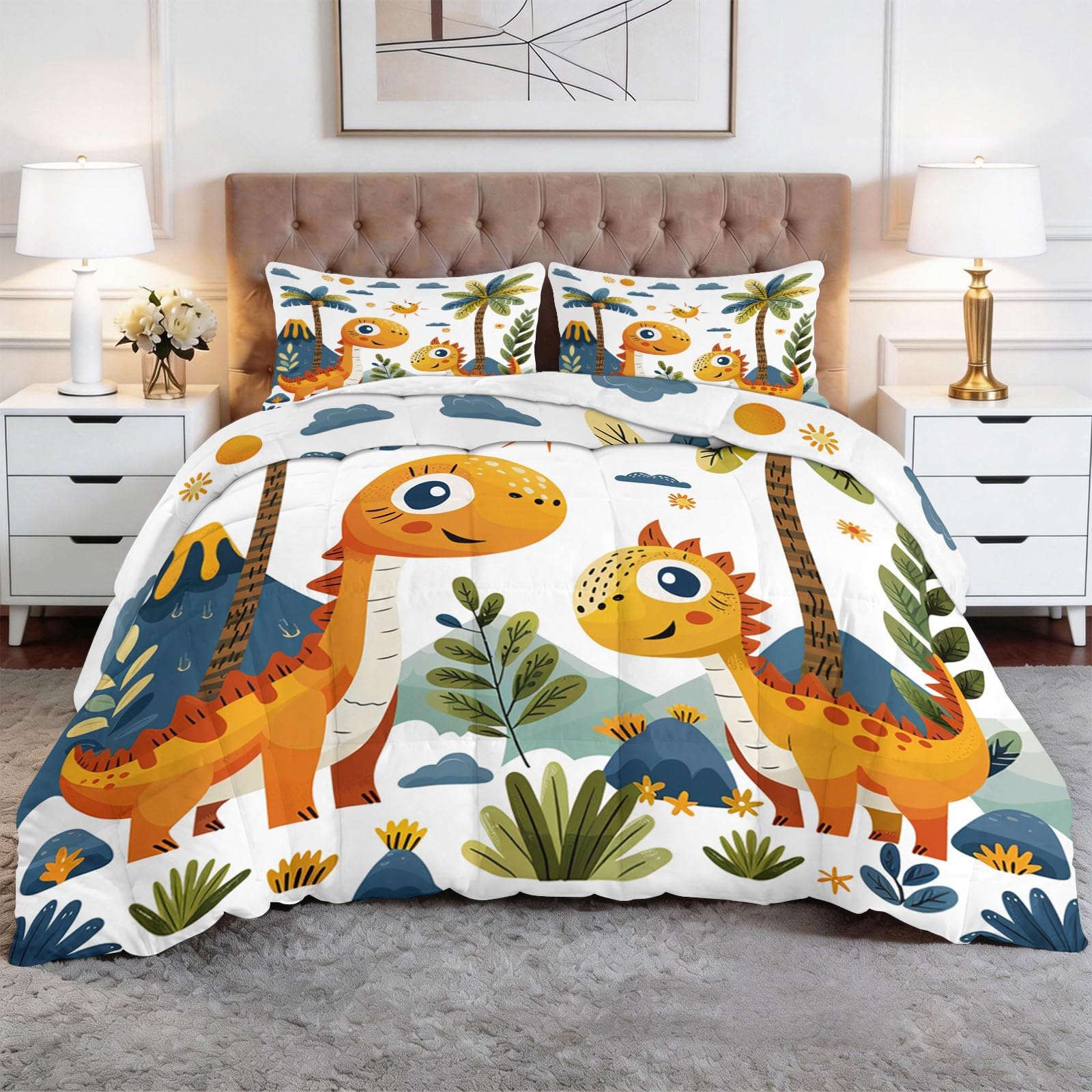 Couette sans housse enfant dinosaure 180x200 cm avec 2 taies d'oreiller douceur jungle