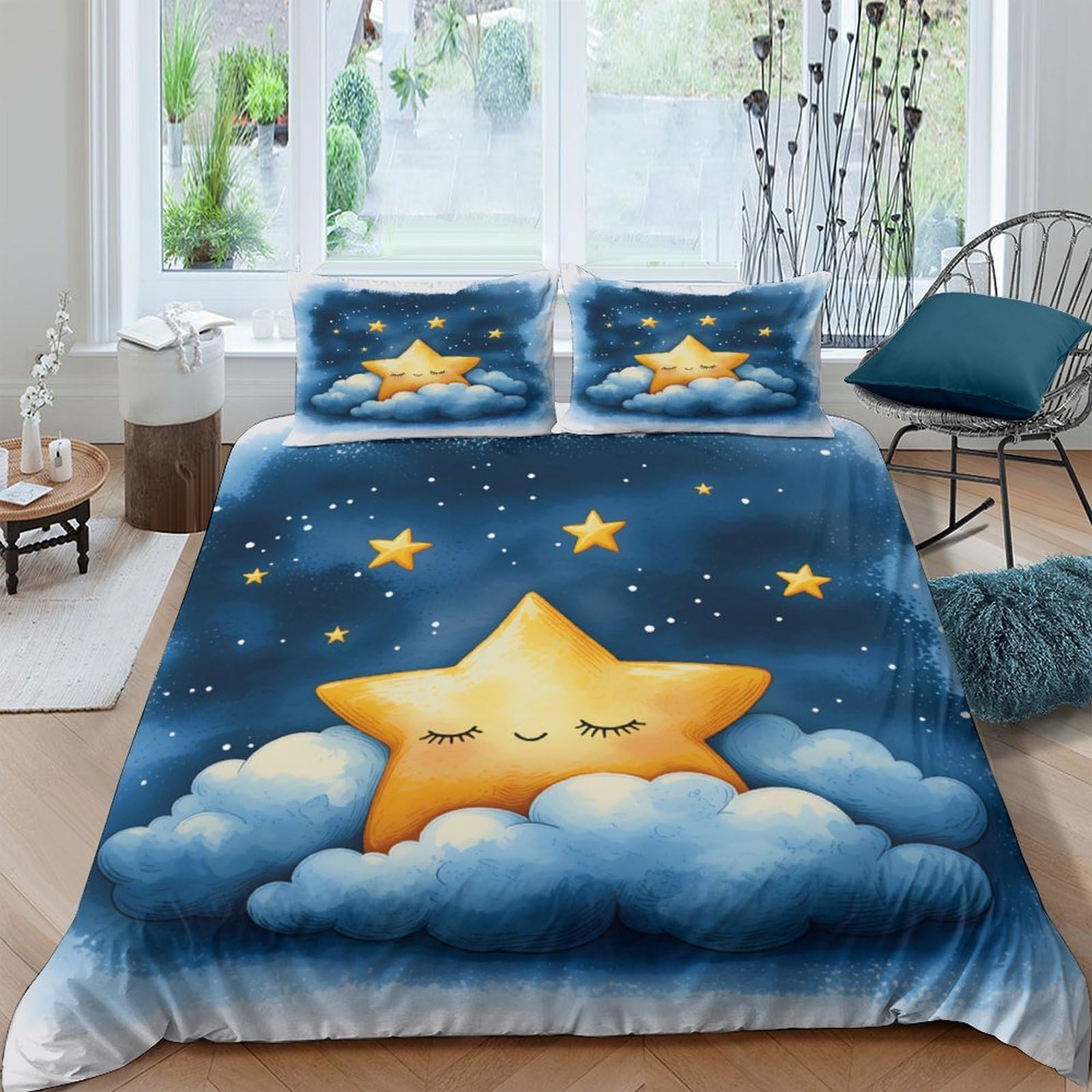 P5V6M1Q9 3D Printed Cute Sleeping Star Duvet Cover Microfiber Soft Blue Cloud Night Sky Bedding Set with 2 Pillowcases for Bedroom Single（135x200cm）