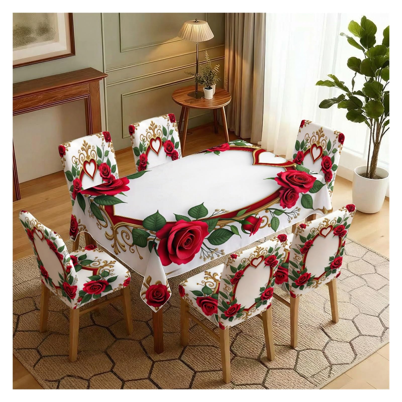KXUAUV Romantic Red Rose And Heart Print Tablecloth And Chair Covers Set, Stretch Slipcovers For Valentine's Day Dining Room Decor, 5/7 Pack Party Decor(7pcs Set: Tablecloth+Chair Covers)