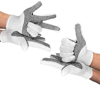PVC Dotted Work Gloves with Grip, White Cotton Polyester Knit Gloves with Black Grip Dots for Gardening & Warehouse
