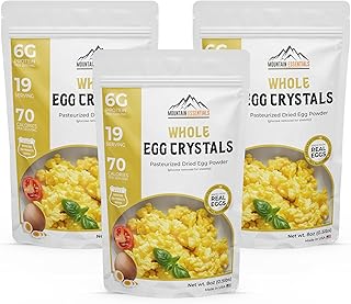 MOUNTAIN ESSENTIALS Whole Egg Crystals Pasteurized Dried Egg Powder 8 Oz Great for Breakfast and Camping Meals | Baking & Cooking Supplies Survival Shelf Stable Food 19 Servings Per Pouch Pack of 3