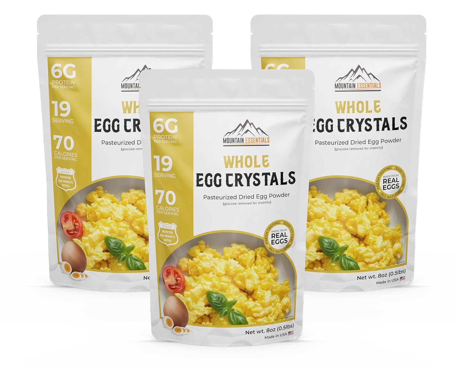 MOUNTAIN ESSENTIALS Whole Egg Crystals Pasteurized Dried Egg Powder 8 Oz Great for Breakfast and Camping Meals | Baking & Cooking Supplies Survival Shelf Stable Food 19 Servings Per Pouch Pack of 3