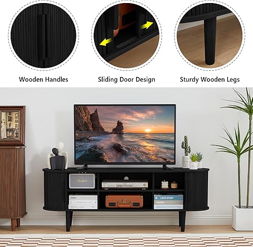 Miniatura 7 de Soporte de TV, mesa consola multimedia con puerta corredera y compartimento de almacenamiento, centro de entretenimiento moderno con almacenamiento