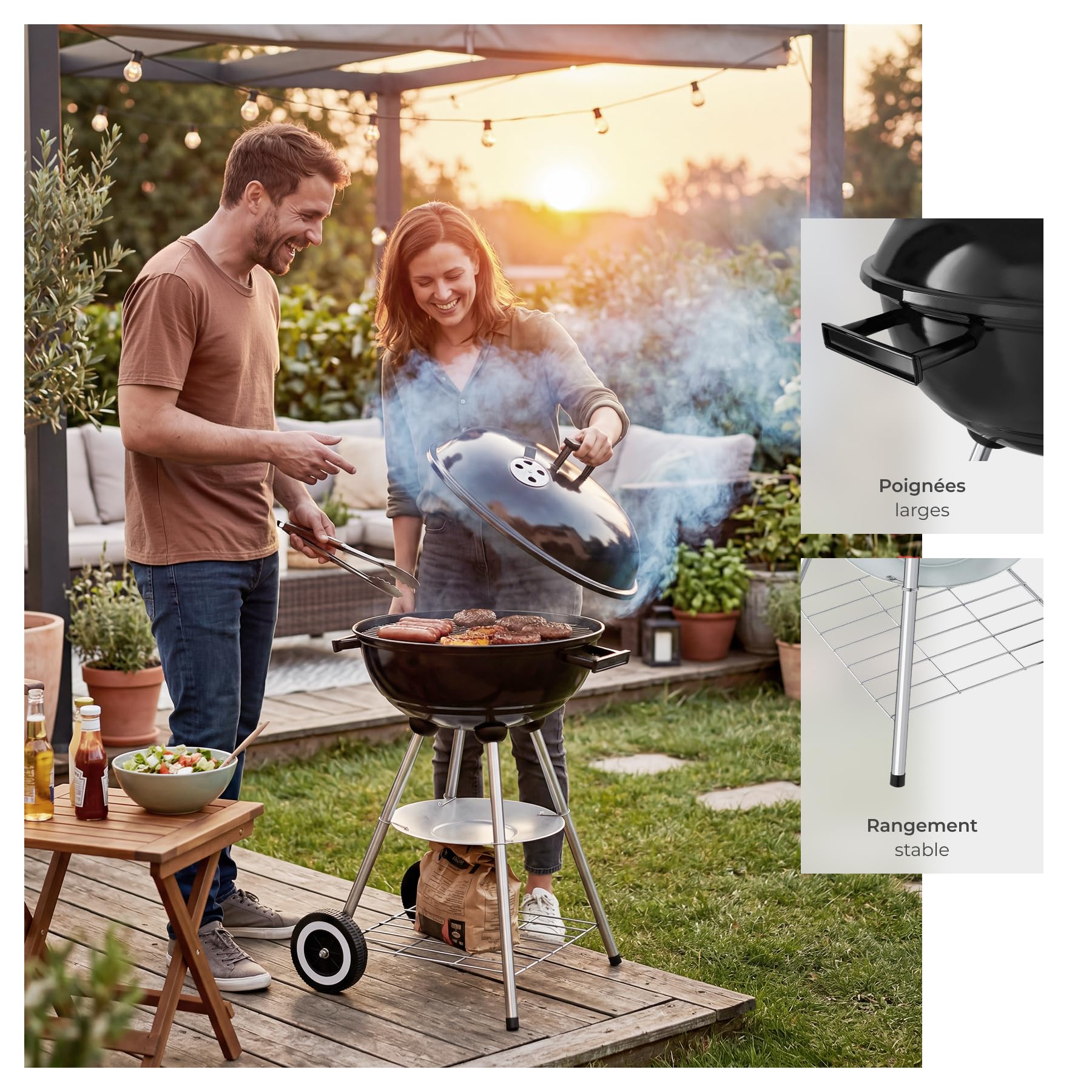 tectake® Barbecue rond Ø 41,5 cm, Grande grille de cuisson, Grille à charbon, Réglage de l'arrivée d'air, Bac de récupération amovible, Poignées latérales, 2 roues, Barbecue à charbon portable