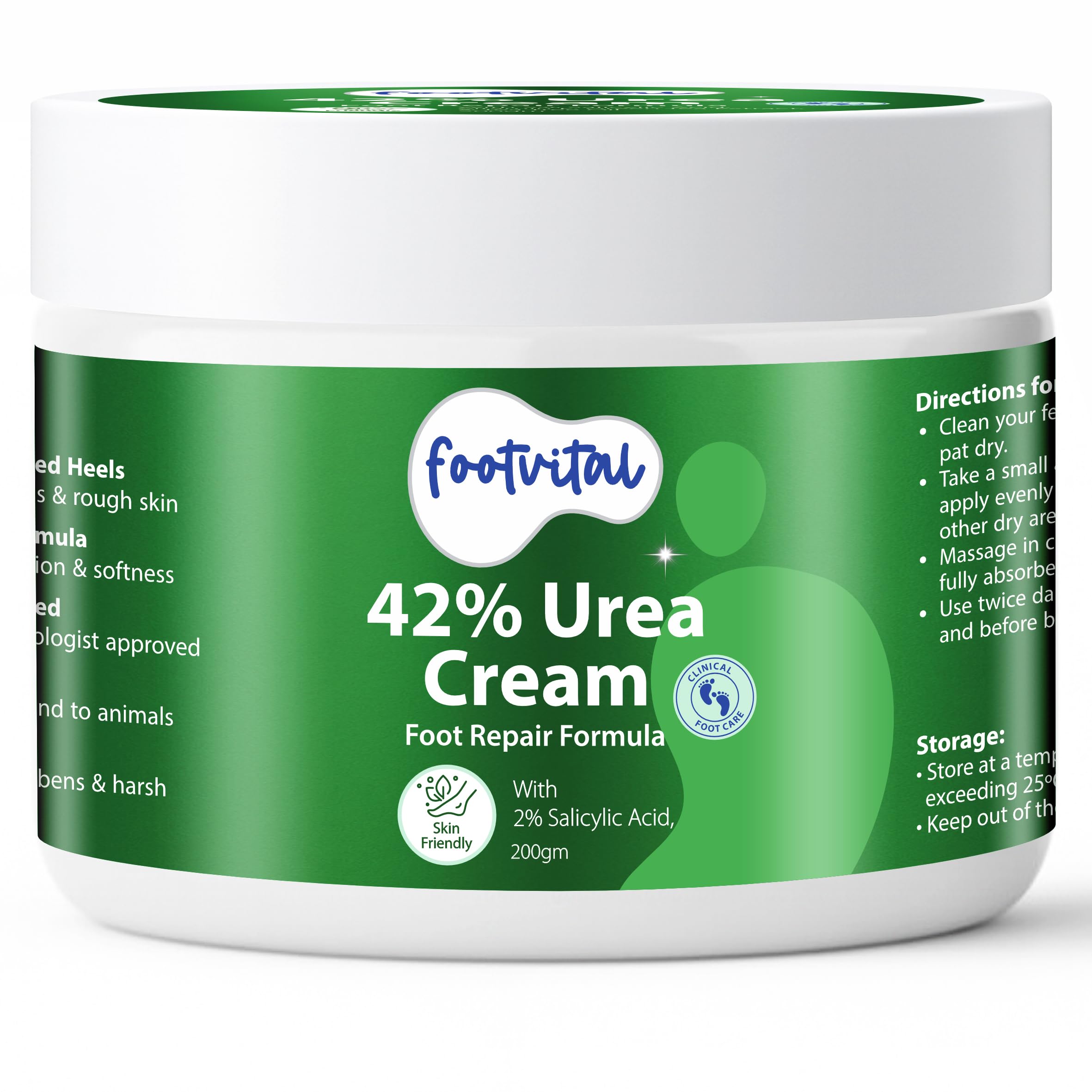 Footvital 42% Urea Cream - 200 g - Foot Care Formula with 2% Salicylic Acid, Vitamin E, Green Tea & Tea Tree Oil – Deep Moisturizing Cream for Dry, Cracked Heels & Rough Feet