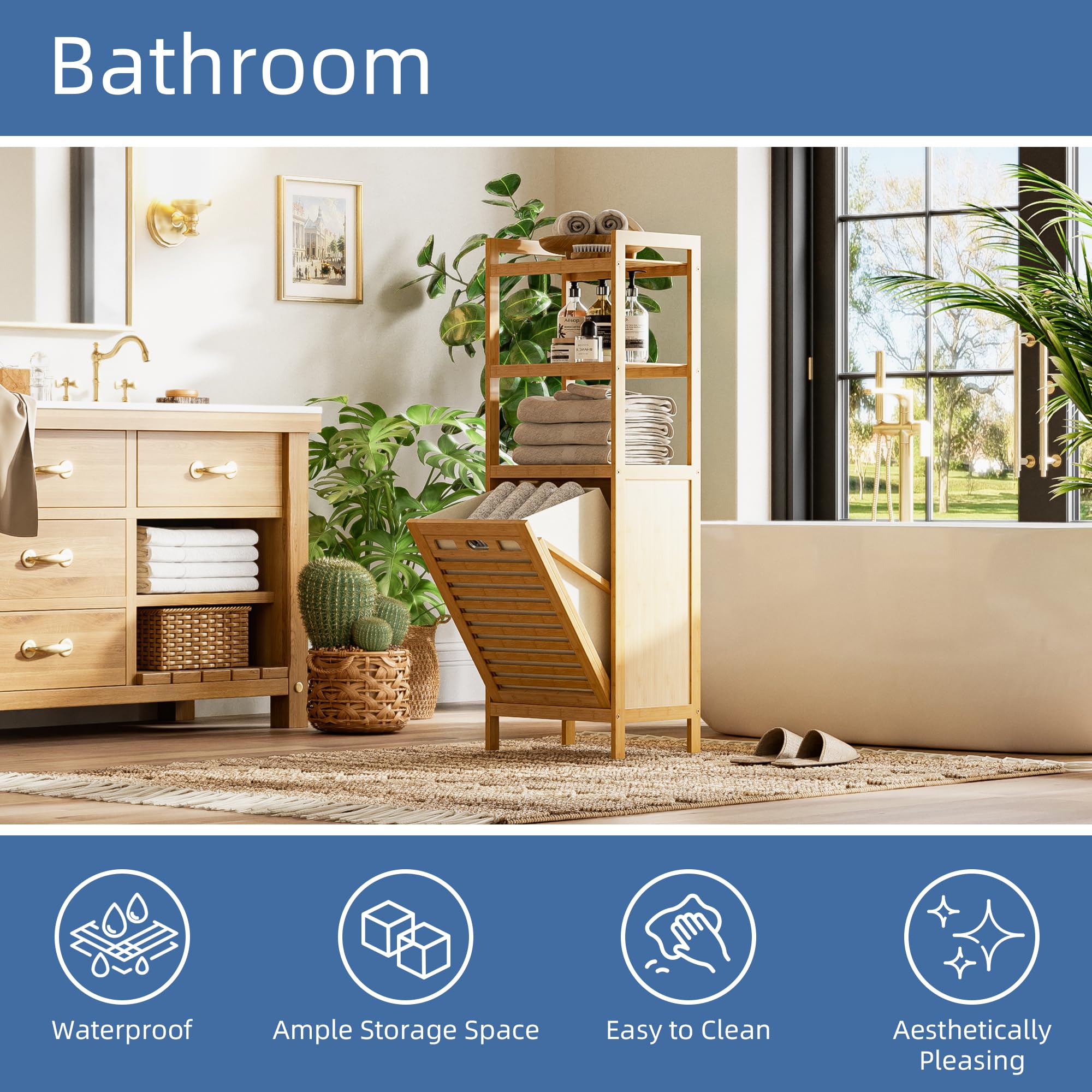 HITNET Meuble Salle de Bain avec Panier à Linge, Armoire Bas Salle de Bain en Bambou avec 3 étagères Ouvertes, 40L Sac Intérieur Amovible pour Buanderie, Toilette et Chambre à Coucher, Naturel