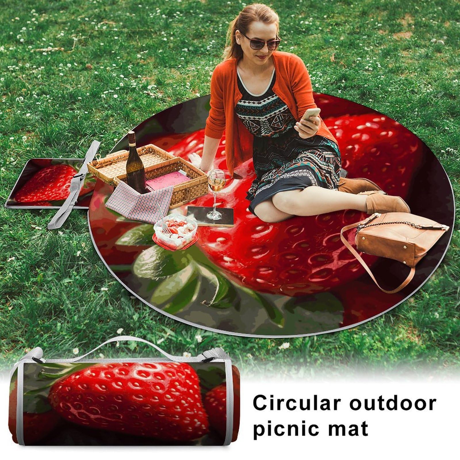 Strawberry2 koce piknikowe, okrągłe, składane, lekkie, plażowe, wodoodporny, na zewnątrz, na wiosnę, lato, kemping, do parku, trawy podróżnej