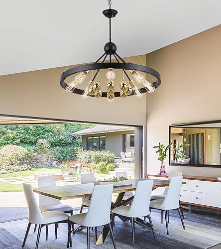 Miniatura 5 de Q&S Candelabro de rueda de vagón negro y dorado, 8 luces modernas de granja, círculo redondo, huevos dorados, accesorios de luz para comedor, sala