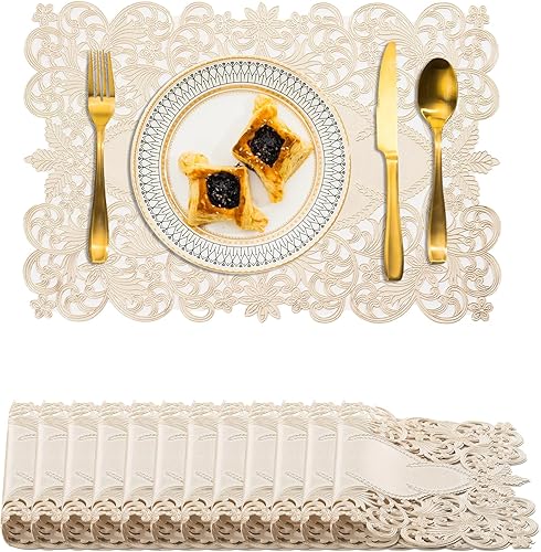 Miniatura 69 de BACKTOEDEN Juego de 6 manteles individuales redondos de color dorado claro, lavables, limpiables, resistentes al calor, manteles individuales de