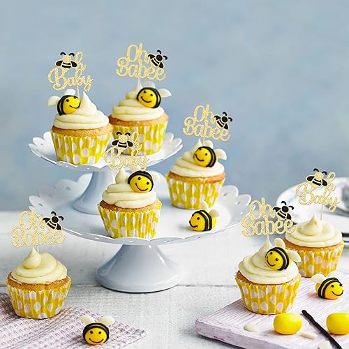 Miniatura 6 de Gyufise 24 adornos para cupcakes de abejorros con purpurina dorada para baby shower, baby shower, decoración de pasteles Oh Babee, temática de