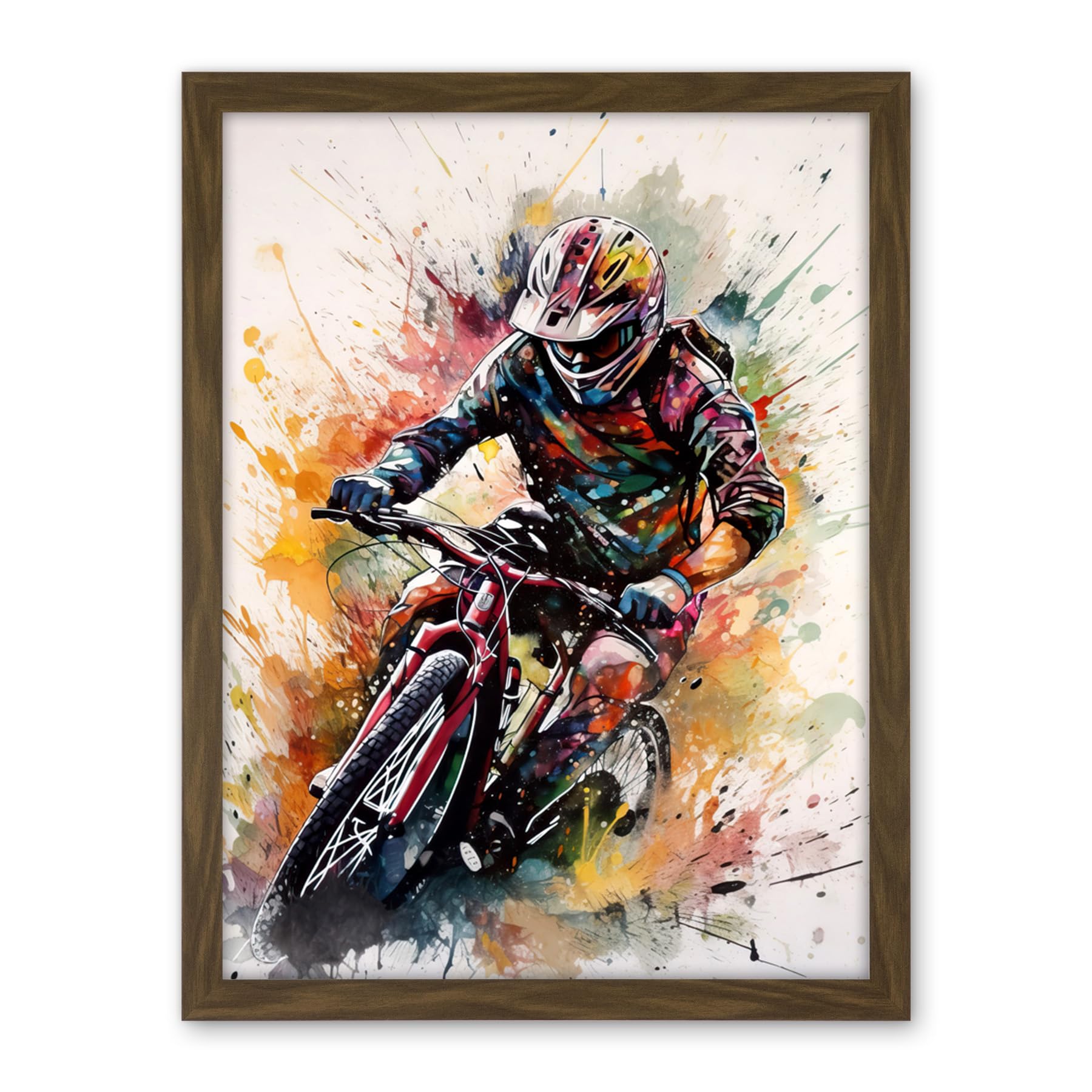 Artery8 Mountain Biker Action Shot Paint Splat Portrait Artwork Framed Wall Art Print 18X24 Inch