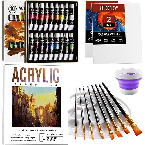 Acrylic Art Set, Paint Kit, Painting Set with 18 Acrylic Paints, 2 Canvas Panels, Drawing Pad, Cleaning Cup, Painting Supplies for Kids Adults for Canvas Wood Paper