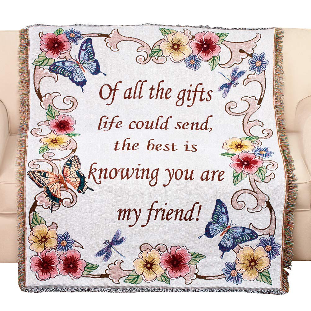 Collections Etc Tapestry Throw Blanket with Fringe Border, My Friend, Floral with Butterflies, 50