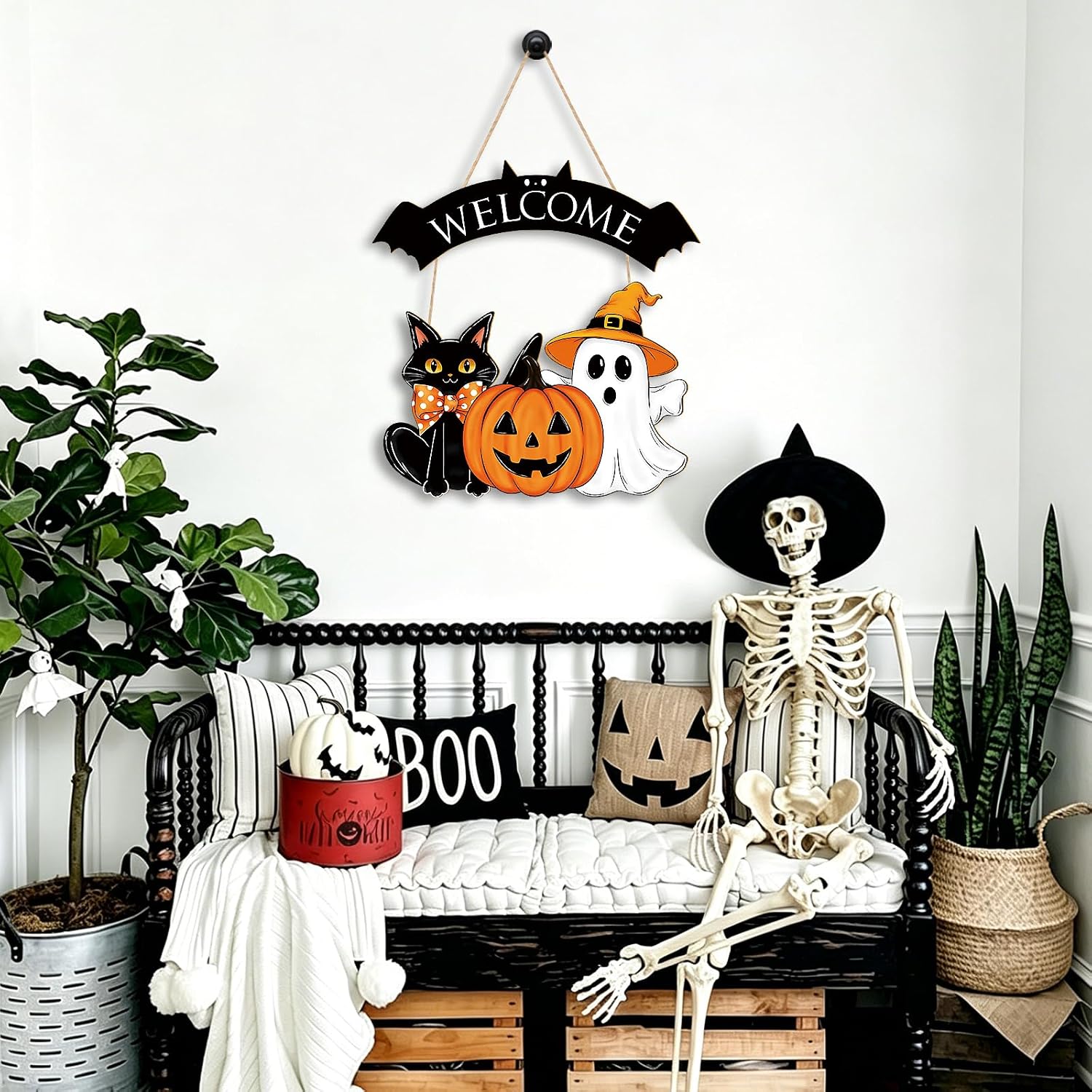Halloween Decoration Wooden Ghost Door Halloween Wreath for Front Door Sign Wall Signs Decor, Pumpkin Black Cat Wreaths Sign Hanging for Home Wall Decor Outdoor Indoor Farmhouse Party Supply