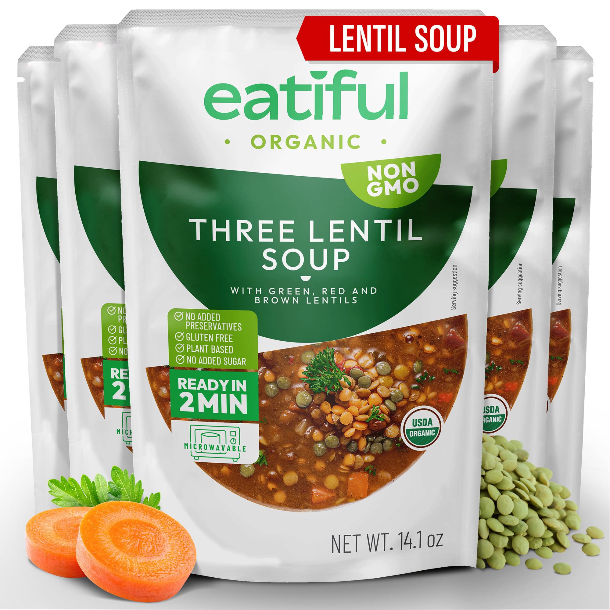 EATIFUL Lentil Soup, Made With Organic Vegetables, Lentil Soup With Green, Red And Brown Lentils, No Added Preservatives And Sugar, Gluten Free, NON