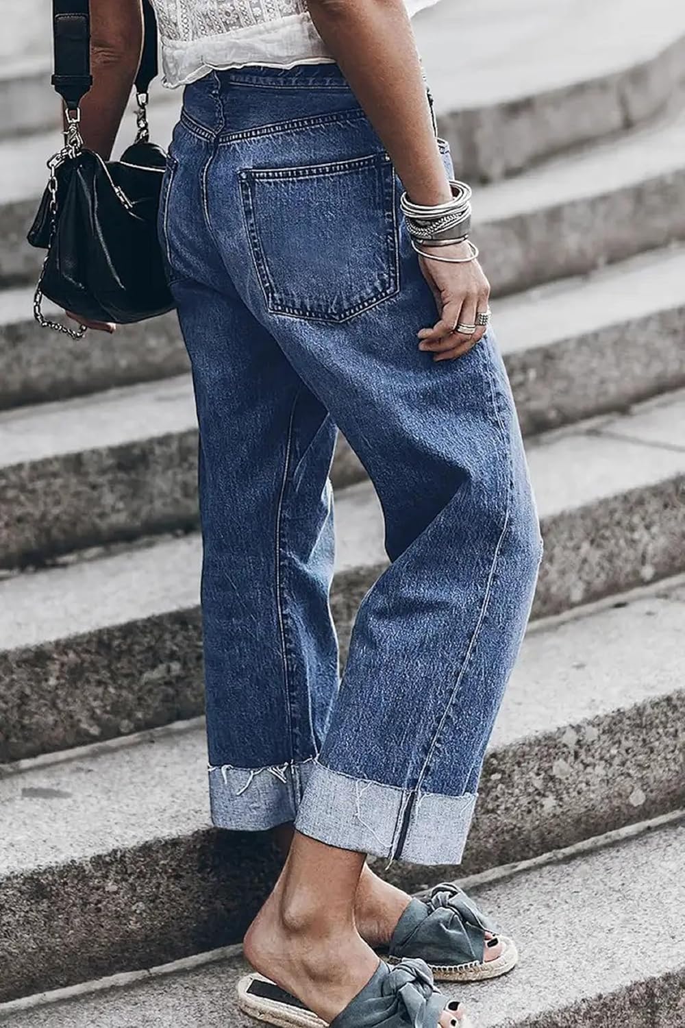 Women's Stretch Asymmetrical Fly Denim Jeans, Rolled Cuff Design, Comfortable Slim Fit Casual Pants - Image 7