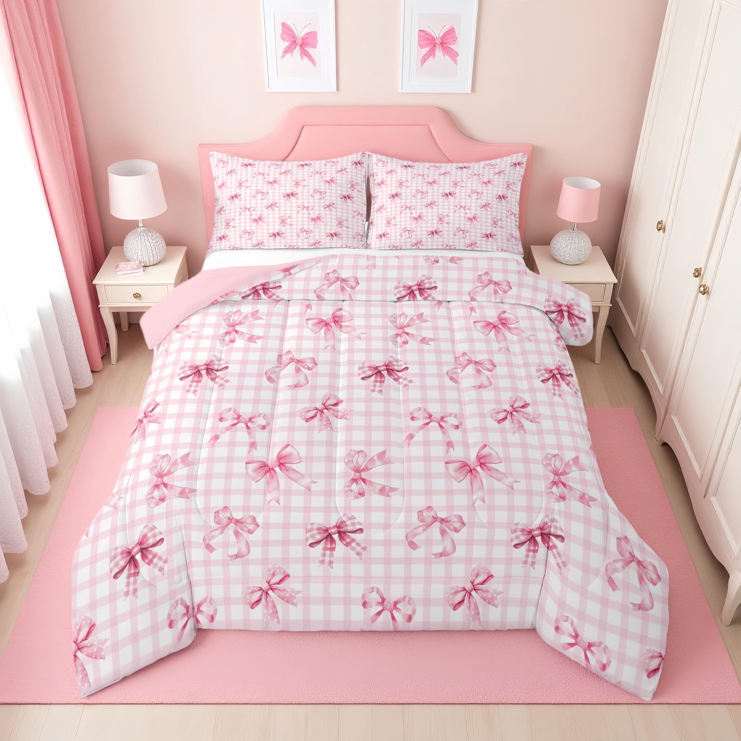 Erosebridal Girls Pink Bow Twin Comforter Set | Coquette Ribbon Bow Tie Bedding Sets for Kids Women, Pink and White Checkered Bed Set, Cute Preppy Bows Room Decor, 1 Pillowcase