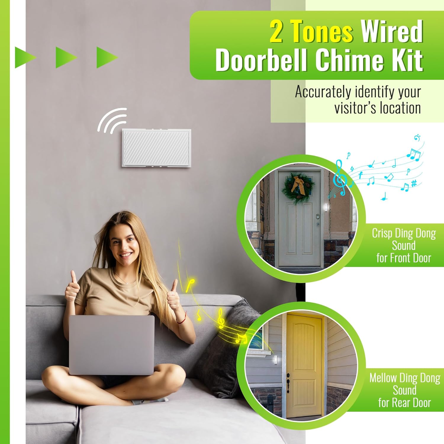 Image showing a doorbell chime on a wall and two circular insets. One inset shows a front door with a 'Crisp Ding Dong Sound' label, and the other shows a rear door with a 'Mellow Ding Dong Sound' label, indicating different tones for different doors.