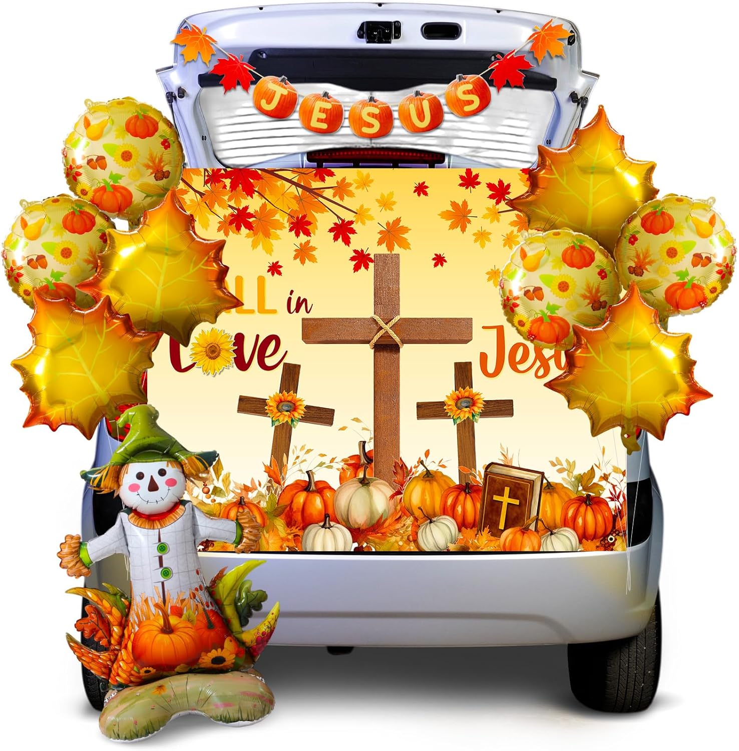 Soulchen 11 Pcs Fall Christian Trunk or Treat Car Decorations Kit - Halloween Crosses Backdrop Jesus Pumpkins Banner for SUV, with Fall Maple Leaf Balloon, Scarecrow Balloon, Photo Backdrop