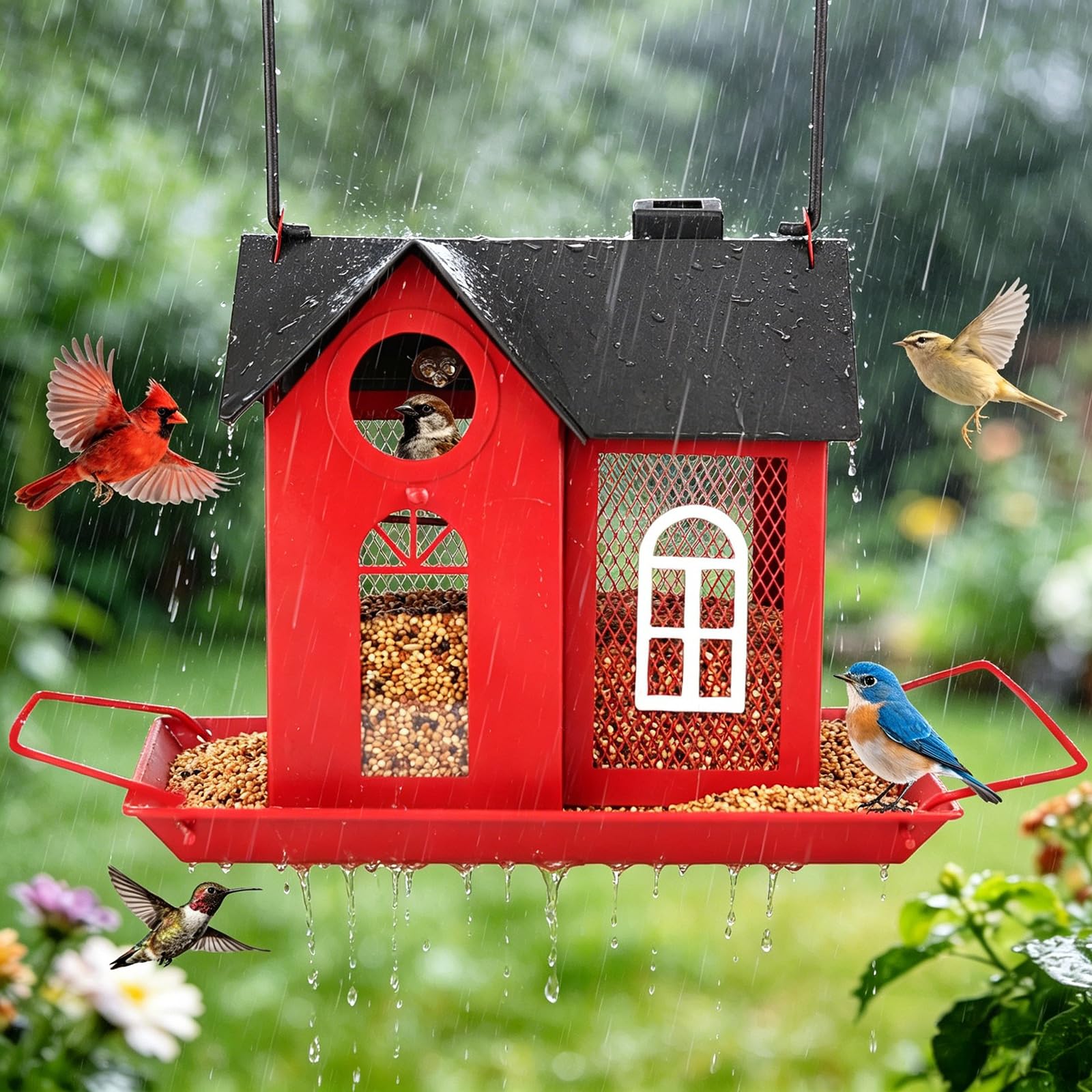 Comedero solar para pájaros para exteriores, comedero colgante de metal rojo con luz solar, comedero decorativo para cardenales, pinzones y pájaros silvestres, decoración de jardín y patio trasero