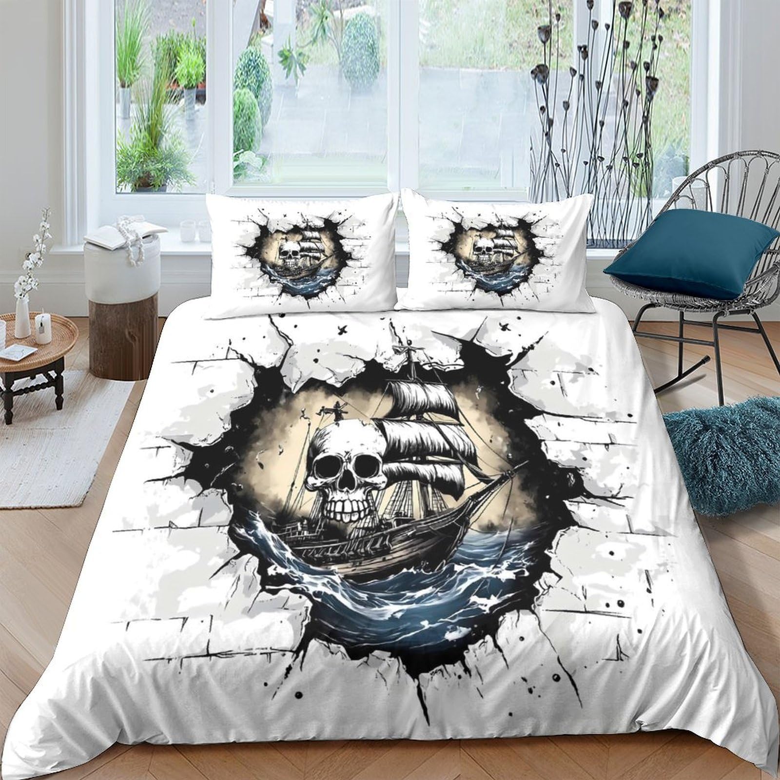 Ctjqhvkz Style-4 3D Printed Pirate Skull Ship Fitted Sheet Microfiber White Black Bed Sheet For Bedroom Guest Room Mattress Decor Single（135X200cm）