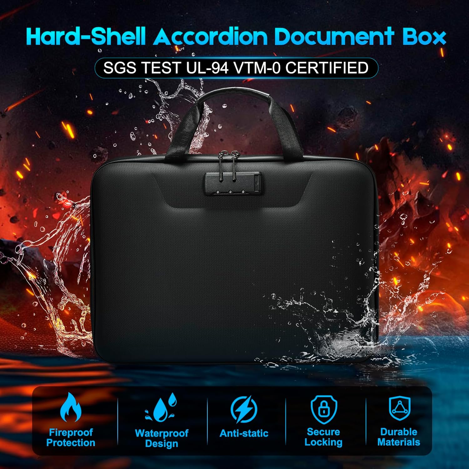 SEEKIND Fireproof Document Box with Lock, Hard-Shell Case File Organizer with Accordion File Folder, Multi-Layer Portable Home Office Travel Safe Box for Important Documents& Valuables (Black)