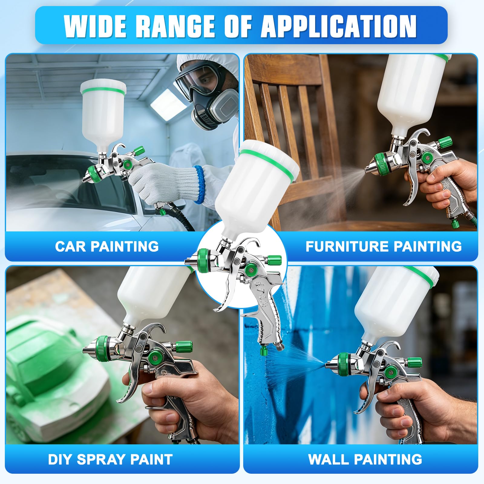 HVLP Pistola Verniciatura Professionale con 4 Ugelli 1,4/1,7/2,0/2,5 mm | Pistola a Spruzzo per Verniciare ad Aria Compressa con Kit di Pulizia, Serbatoio 600 ml per Pareti, Auto, Mobili