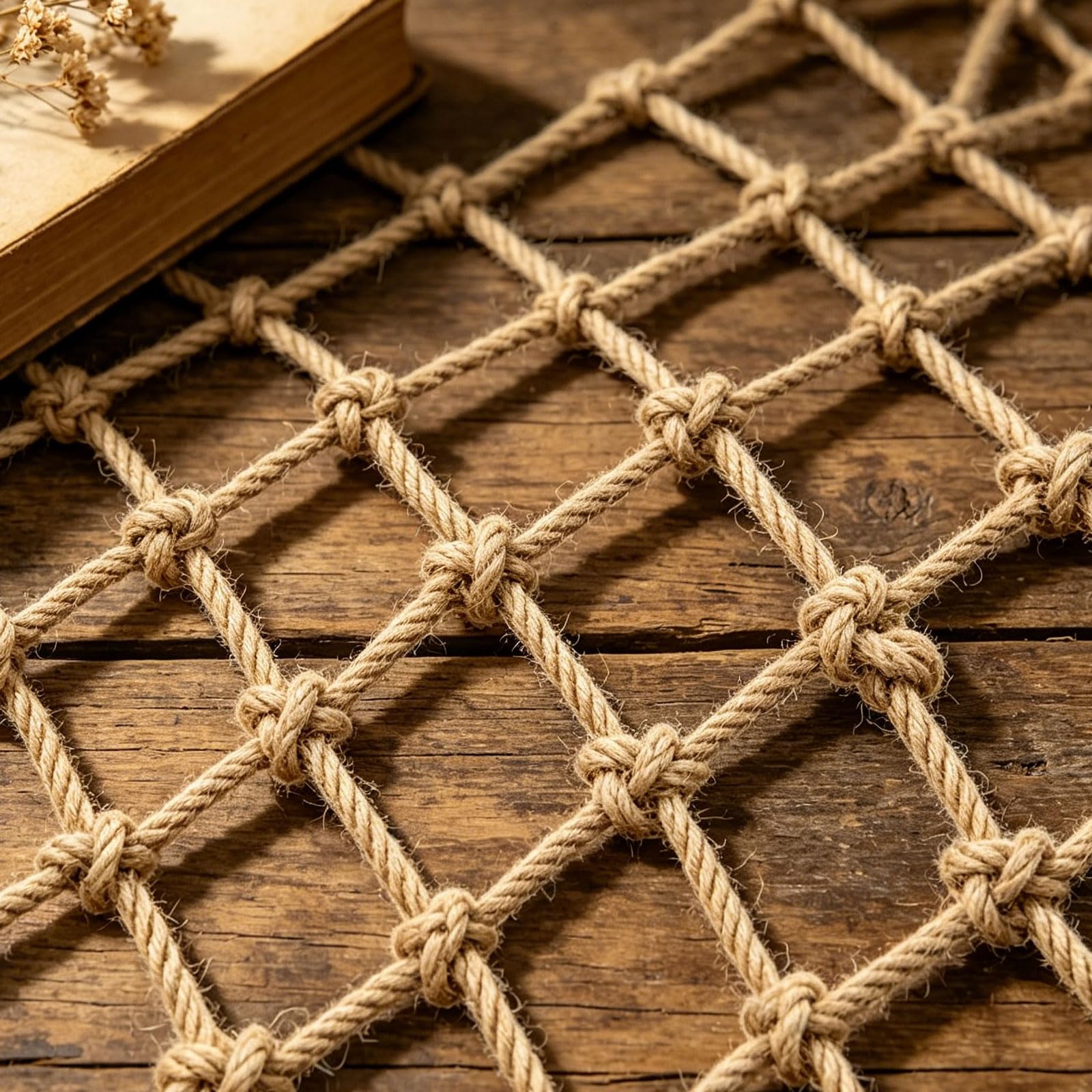 14mm Thick Natural Jute Hemp Rope Net, Multi-Use Heavy Duty Kids Climbing Safety Netting For Balcony Railings Stair Fence Playground Protection Net Indoor Outd(Size:1M×7M(3.3FT×22.9FT),Color:Jute)