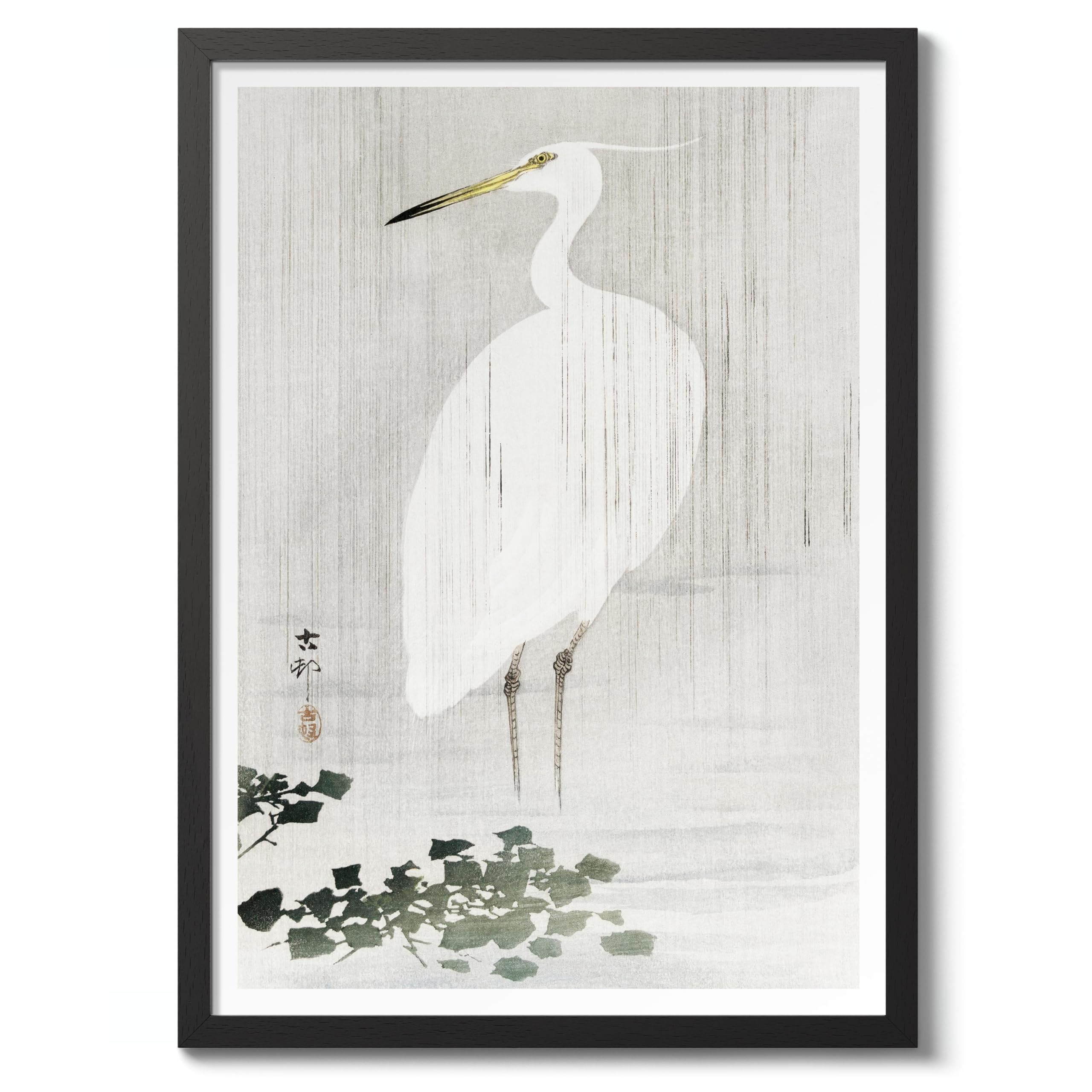 Egret In Rain Ohara Koson Poster, Japanese Woodblock Ukiyo-E Print, Vintage Bird Art Picture Animal Painting Wall Art Exhibition, Japan Birds Home Decor, A3 (Black Frame) - 45x32.8cm