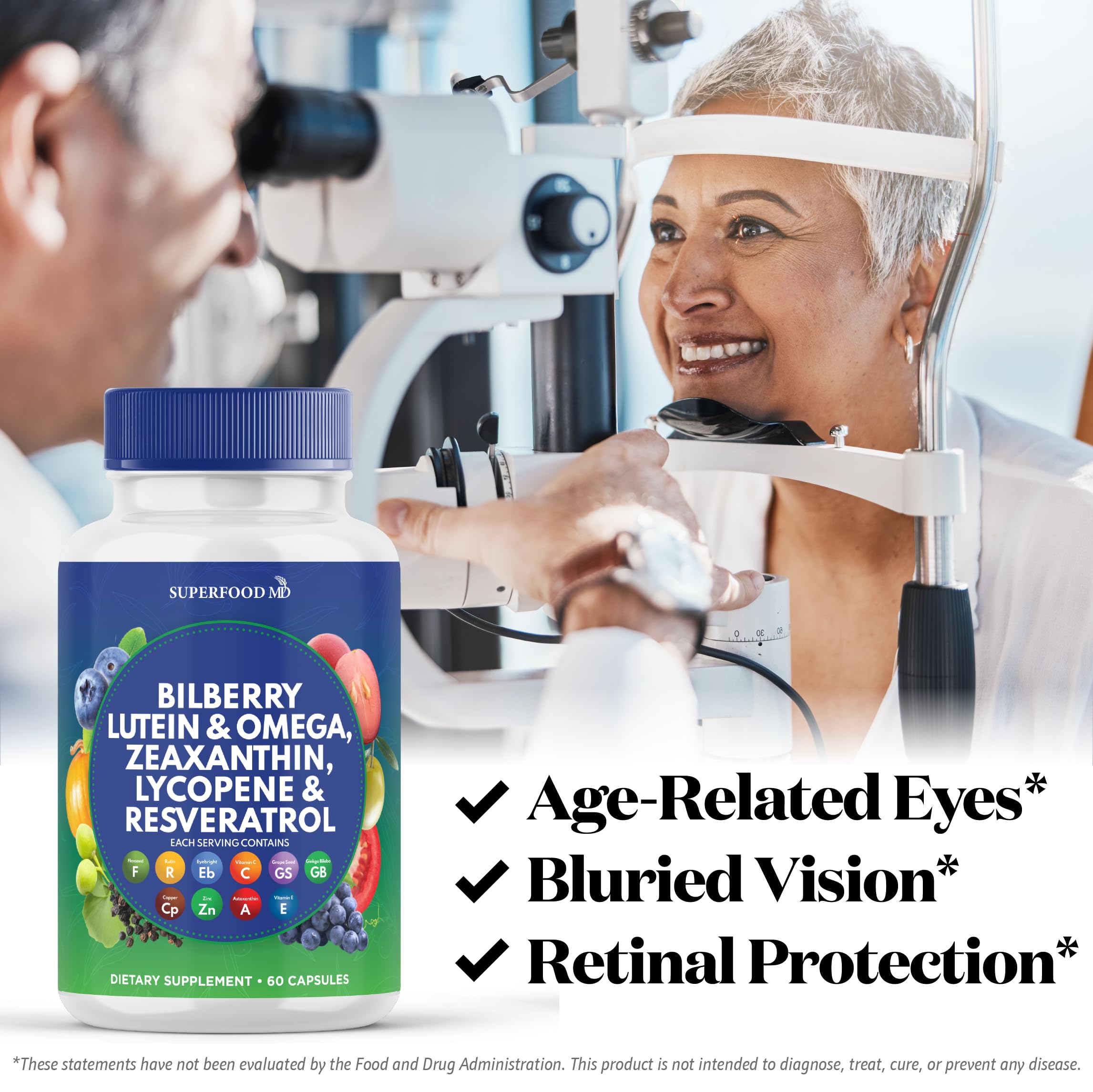 Superfood MD Eye Health Vitamins with Bilberry Lutein & Zeaxanthin Lycopene 40mg Resveratrol Grape Seed Extract Astaxanthin- AREDS 2 - Eye Vitamin - 120 Capsules — Amazon image 3