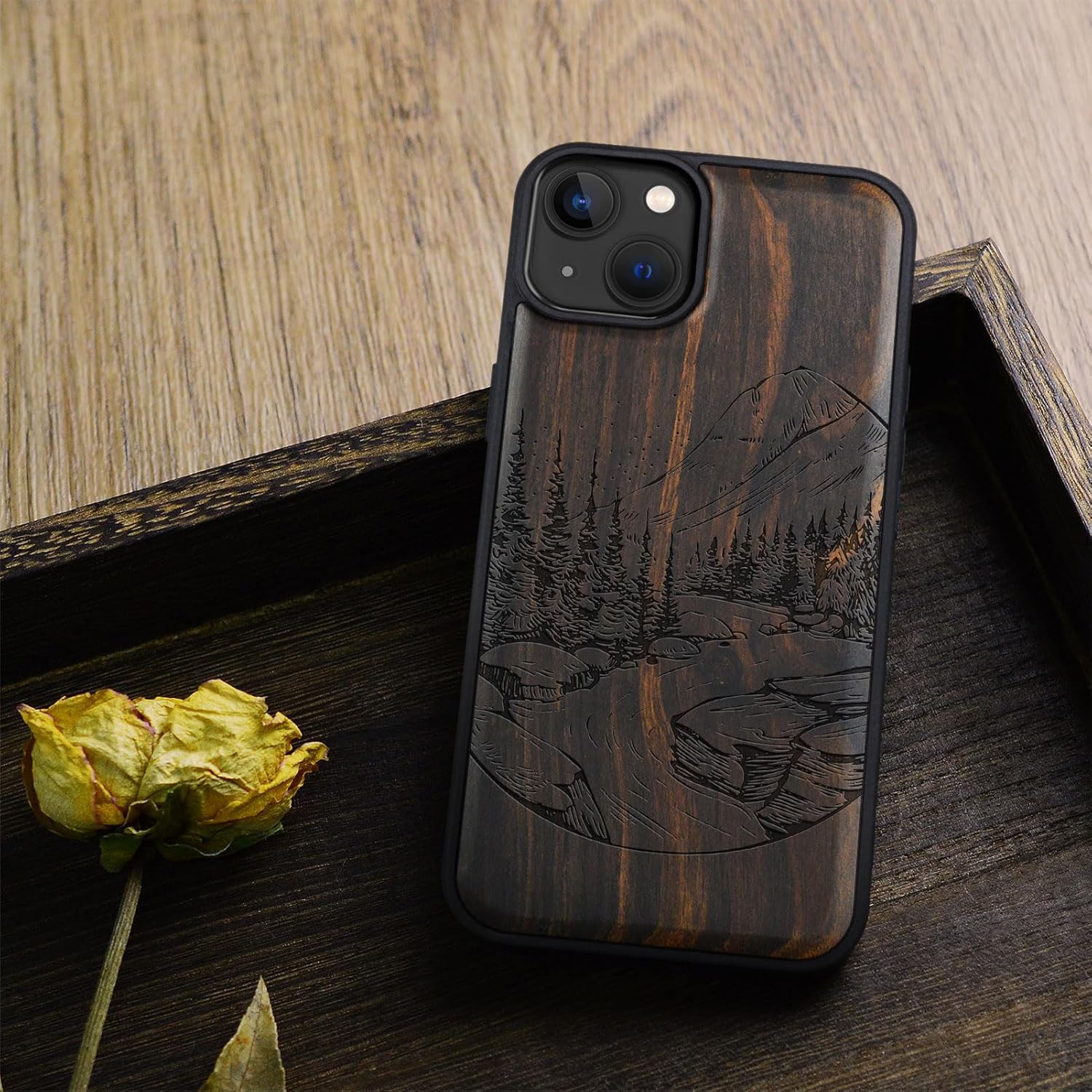 Carveit Magnetic Wooden Case for iPhone 15 Plus Case, Compatible with MagSafe Wireless Chargers, Black Soft TPU Shockproof Cover & Wood Artisan Engraved (Lake and Mountain) - Blackwood
