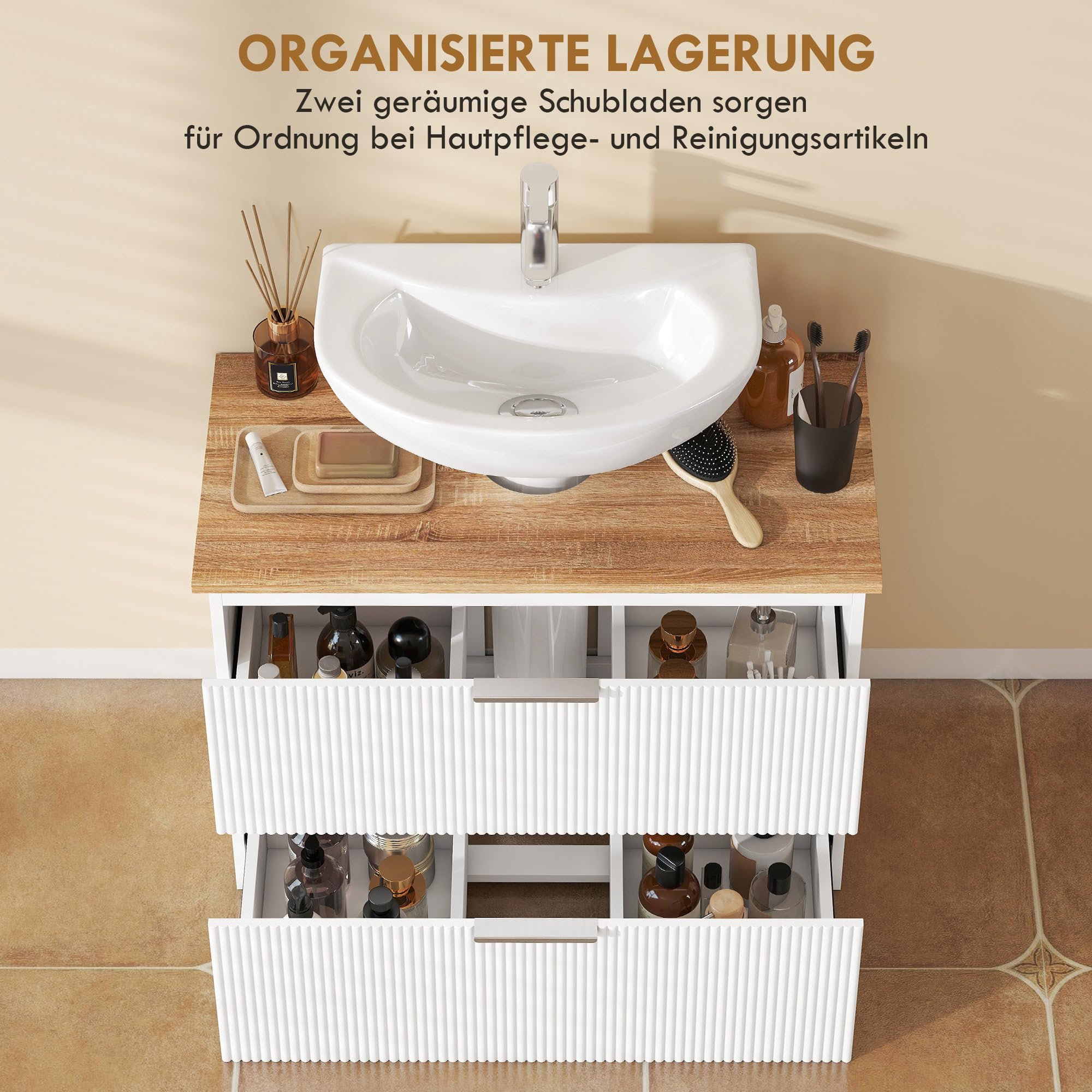 HOMCOM Waschbeckenunterschrank Zwei Schubladen 80x40x60cm Weiß+Natur