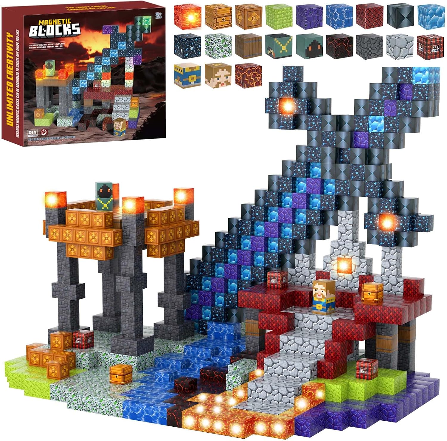 166PCS 0.8in Magnetic Blocks Toy - Light Up Magnetic Building Blocks, Magnet Cubes Toys Set for Kids 3+ , 3D Construction Build STEM Game Toys Christmas Birthday Gifts for Boys and Girls(Theme: Sword)