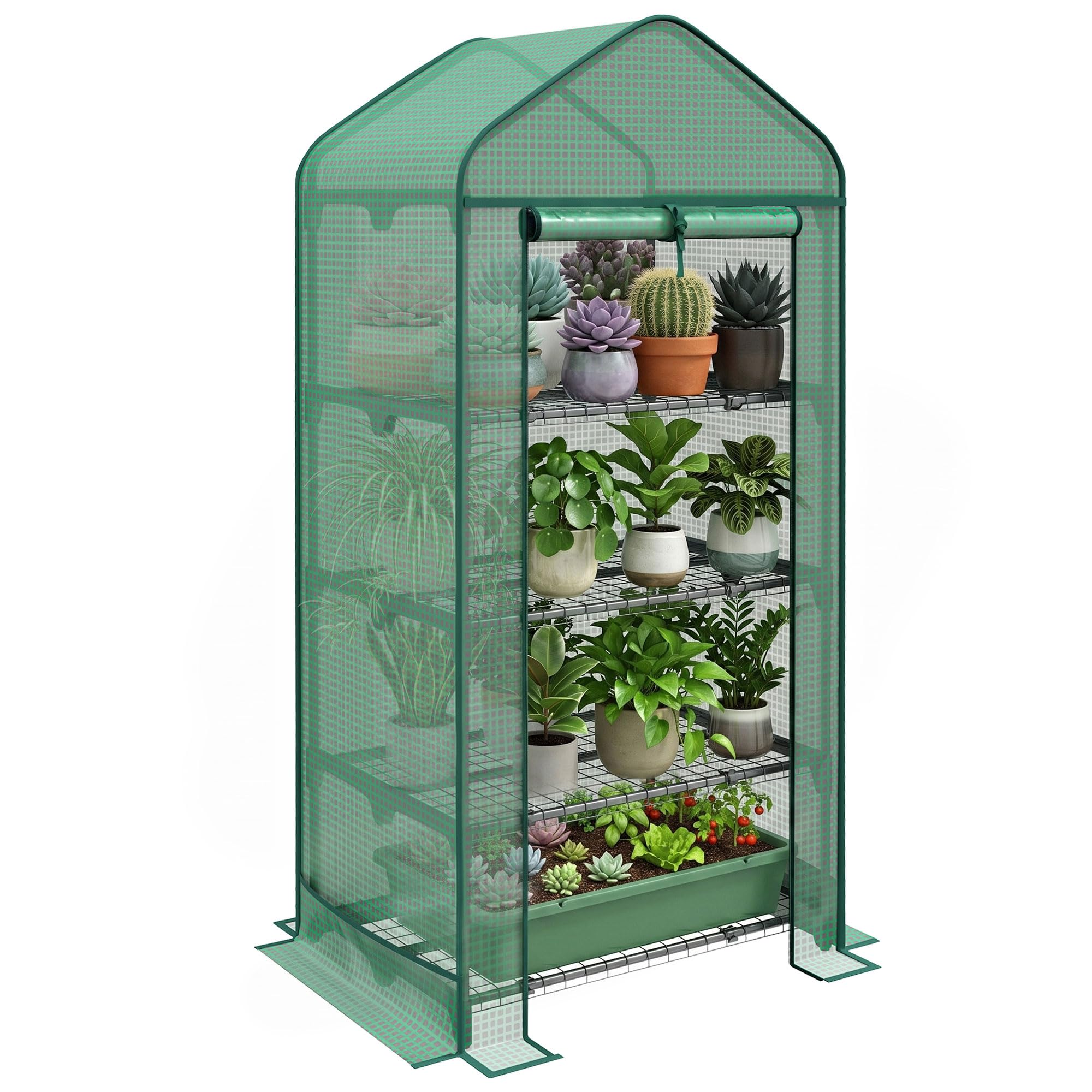 Outsunny Serra per Piante a 4 Ripiani con Porta Avvolgibile, Piccola Serra in Metallo e PE, 69x49x158 cm, Verde scuro