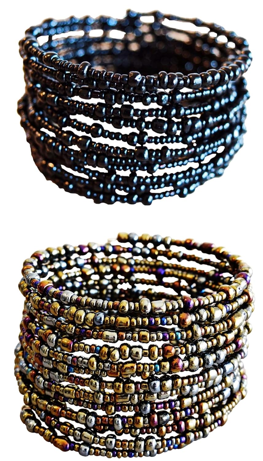 Handmade From Africa - Set of 2 Bead Bracelets for Women - Wrap Bracelets - African Jewelry - Handmade in Kenya - Metallic/Different shades of Bronze, Black, KB50