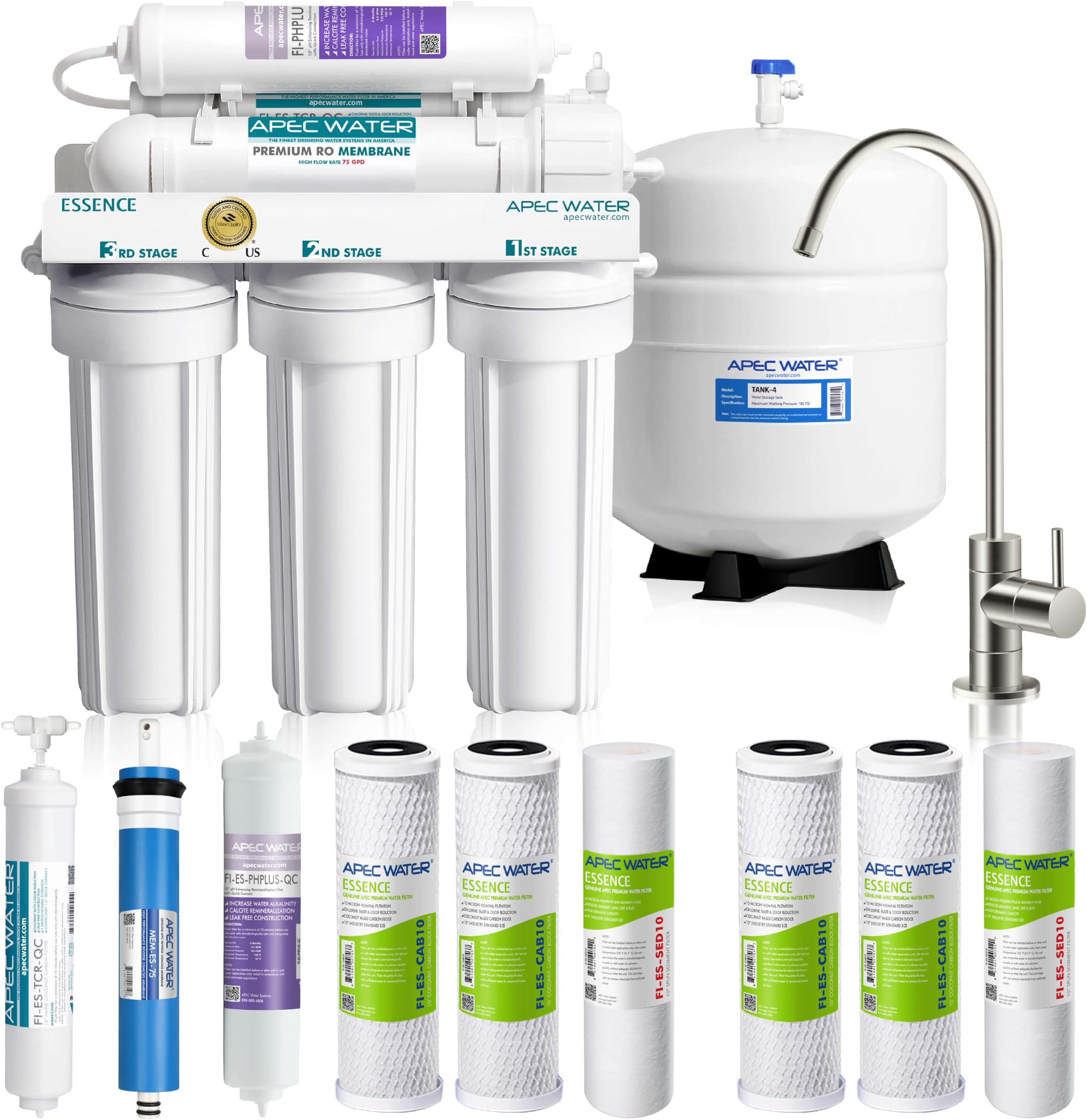 APEC Water ROES-PH75X 6-Stage Alkaline Under Sink Reverse Osmosis Water Filter System, NSF Cetified 372 & 58, 75 GPD, with Extra High Capacity Pre-Filter Set Stage 1-3
