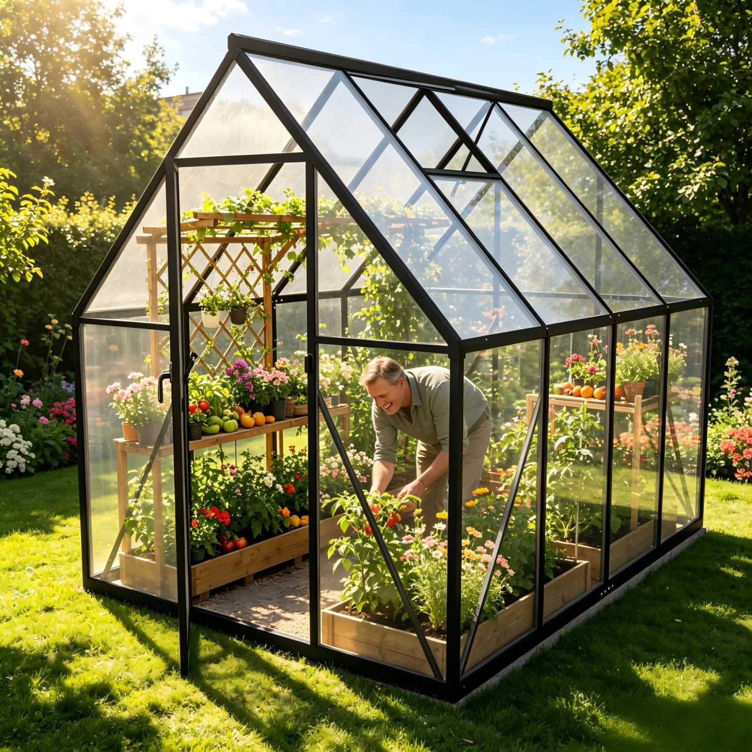 Aluminium Gewächshaus 6x8FT mit Fundamentrahmen & Belüftungsfenster, robustes Tomatenhaus wetterfest & rostfrei ideales Pflanzen- und Gemüsehaus für ganzjährige Anzucht Treibhaus 230x180x195cm