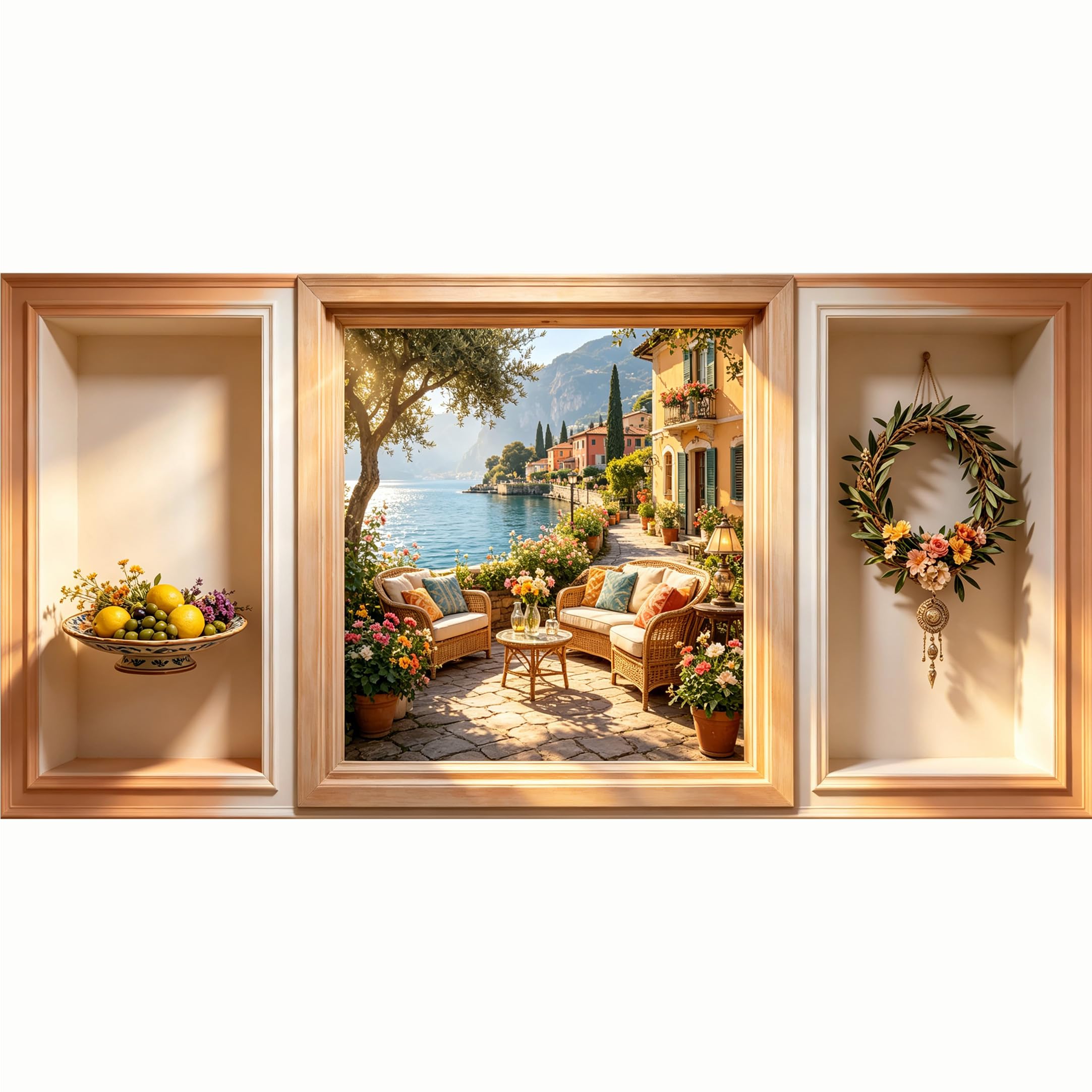 QZLITHOTIC 50x100cm 3D Framed Wall Art， Mediterranean Lakeside Villa Landscape Self‑Adhesive Mural， Water‑Activated Peel & Stick Fabric Decor Wall Decal for Bedroom Living Room
