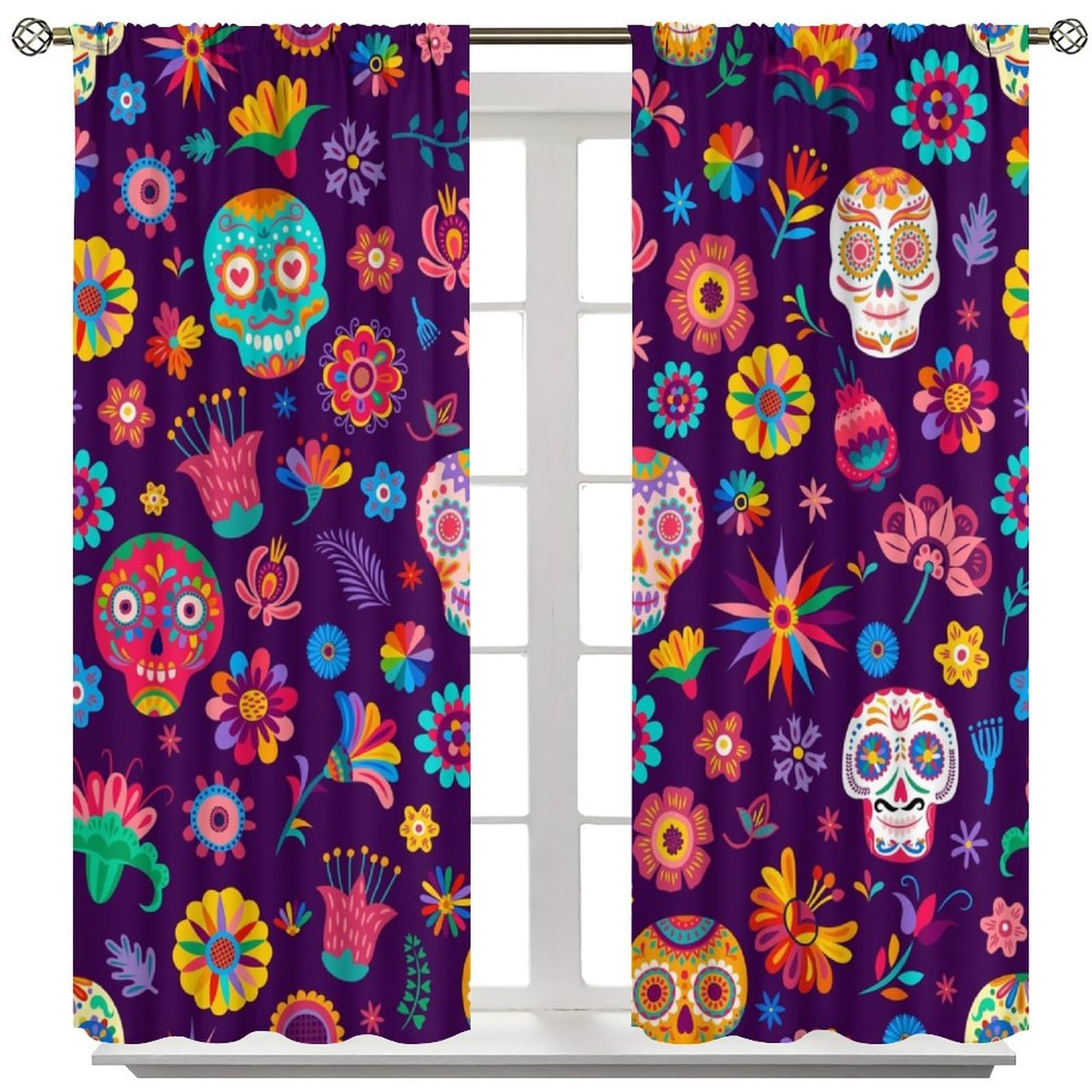 HZOHNAGO Traditional Mexican Curtains Skull and Tropical Flowers Pattern Print Decor Rod Pocket Window Drapes for Bedroom Living Room 42x45in