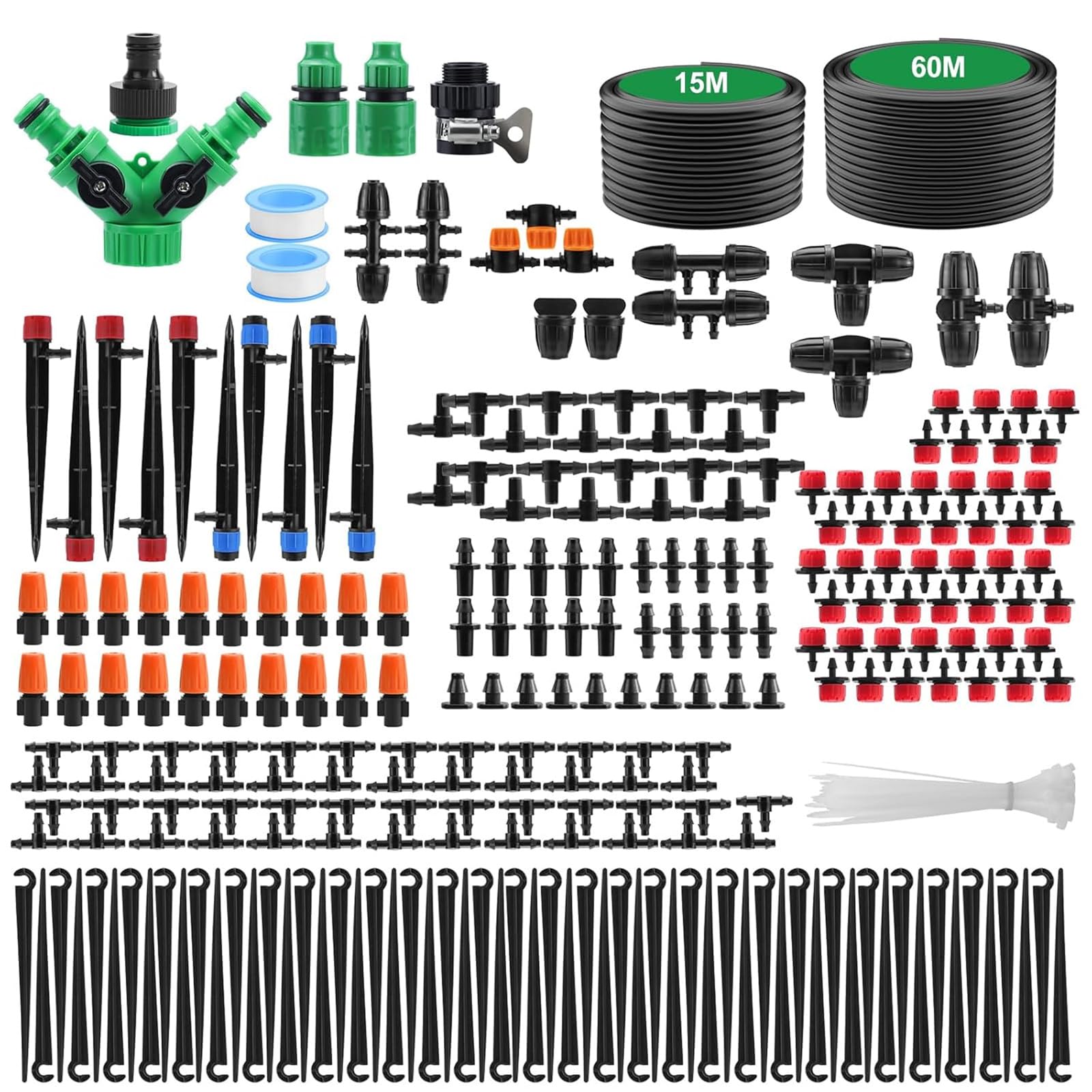 Sistema de Riego Jardín 315 PCS Sistema de Riego Por Goteo con 60 m + 15 m Tubos, Kit Riego Automatico Macetas para Jardín, Plantas, Invernadero, Macetas de Balcón