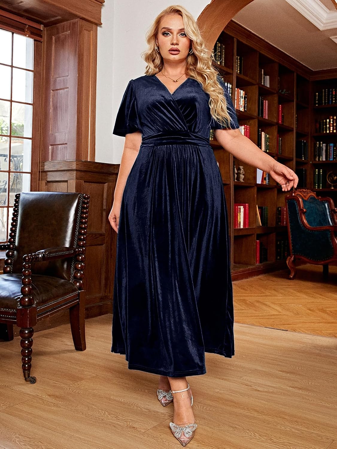 BerryGo Womens Wedding Guest Velvet Formal Dress High Waisted Maternity Maxi Dress Short Sleeve V Neck Slit Dress 2025