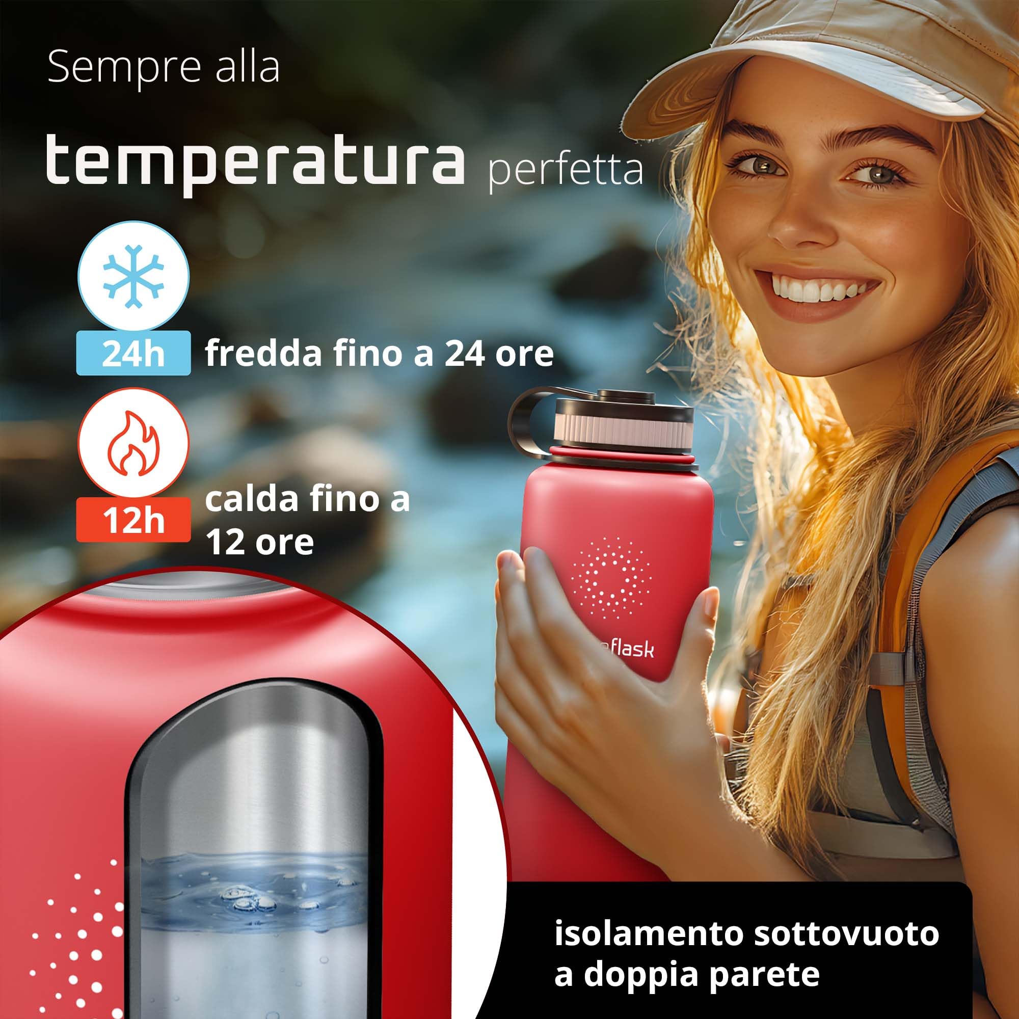 Bottiglia Acqua Termica INOX ACTIVE FLASK + Cannuccia (3 Tappi), Senza BPA, 1l/500ml | Borraccia Isotermica Acciaio - Caldo/Freddo, Ufficio Outdoor Sport Bicicletta viaggio fitness, Caffe Te