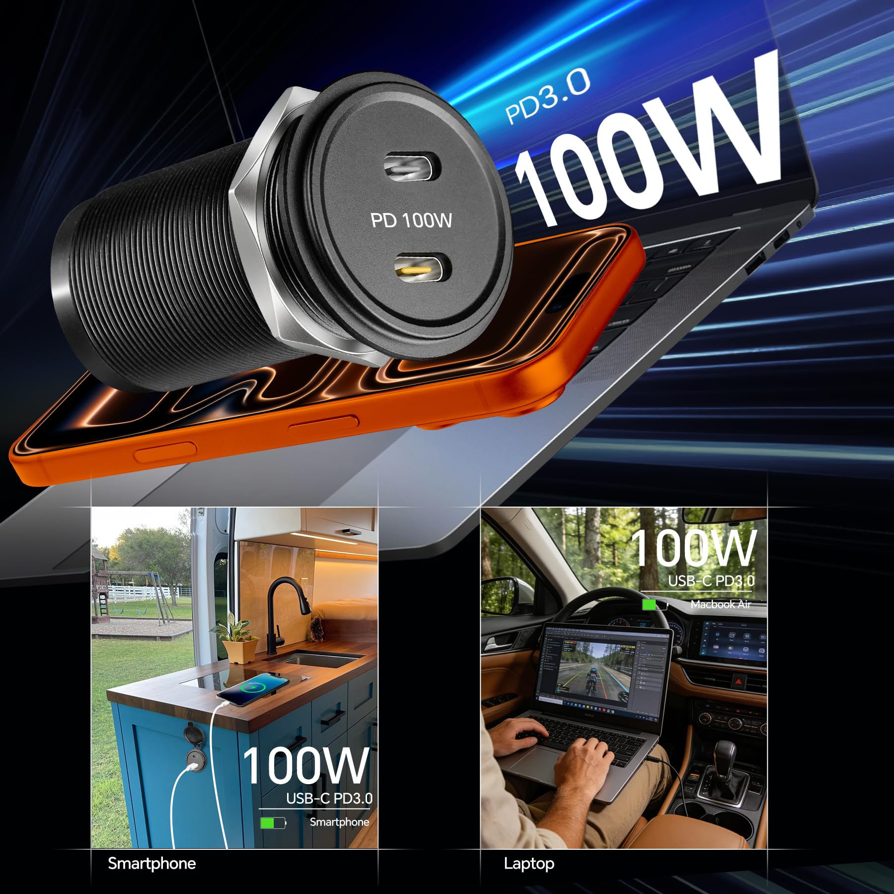 acegoo Gniazdo USB C 12 V 100 W PD i 20 W PD Campervan gniazdo USB, całkowicie aluminiowa wodoodporna ładowarka do laptopa, szybkie ładowanie do kampera, łodzi, autobusu, samochodu, ciężarówki, ATV